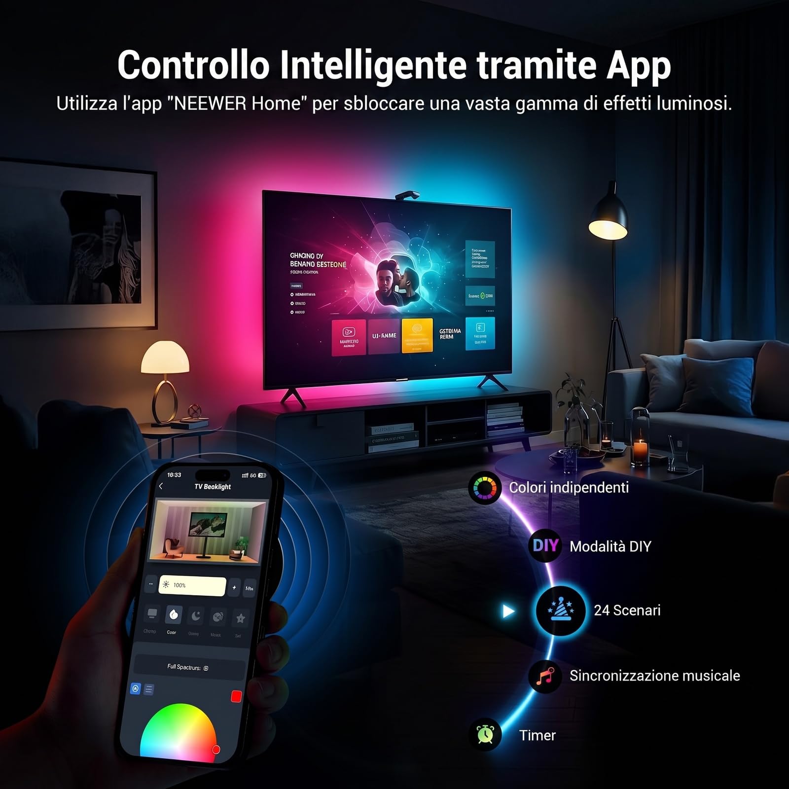 NEEWER BASICS Retroilluminazione LED per TV 75"-85",Striscia LED RGB 5m con Sensore Cambio con TV, On/Off Programmato,Sinc del Colore a Ritardo Zero,Sinc Musicale,24 Effetti Scena,Controllo App,NS03