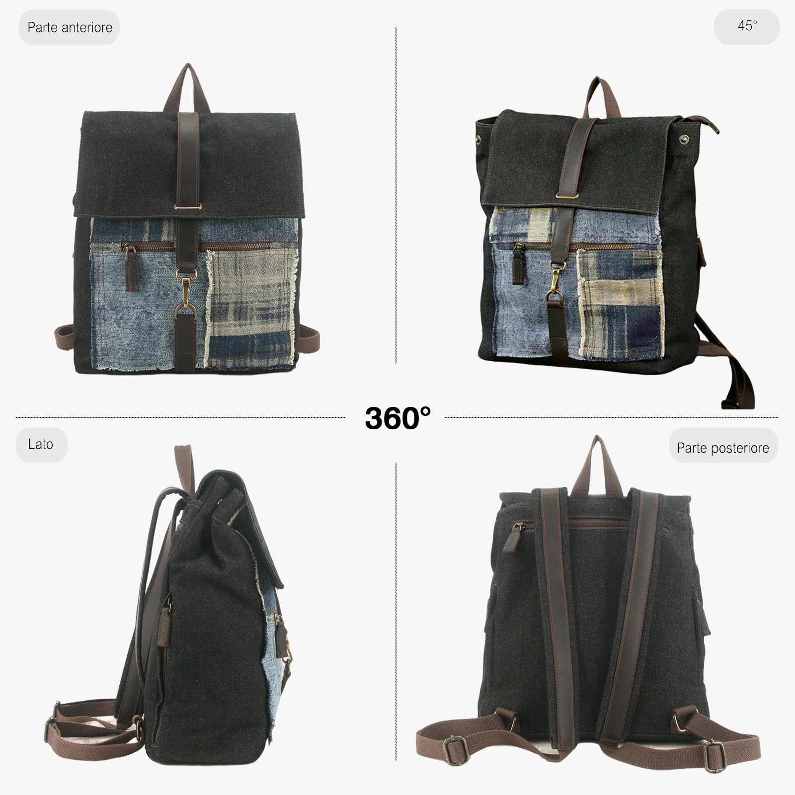FANDARE Zaino in Tela Laptop 15,6 Pollici Vintage Jeans Cartelle Scuola
