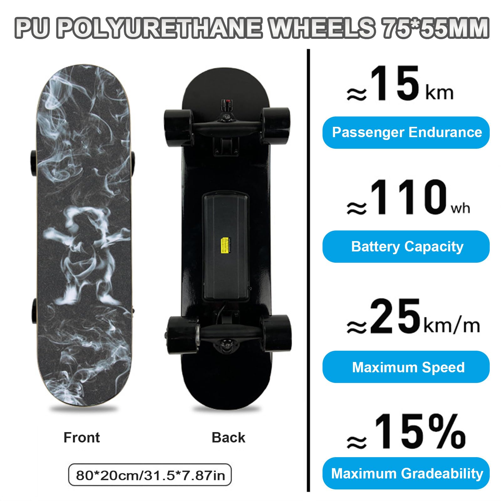 Skateboard motorizzato per pendolari dal design ultraleggero, con telecomando, velocità massima di 25 km/h, autonomia di 15 km, longboard elettrico perfetto per adolescenti e adulti D-Single-Motor