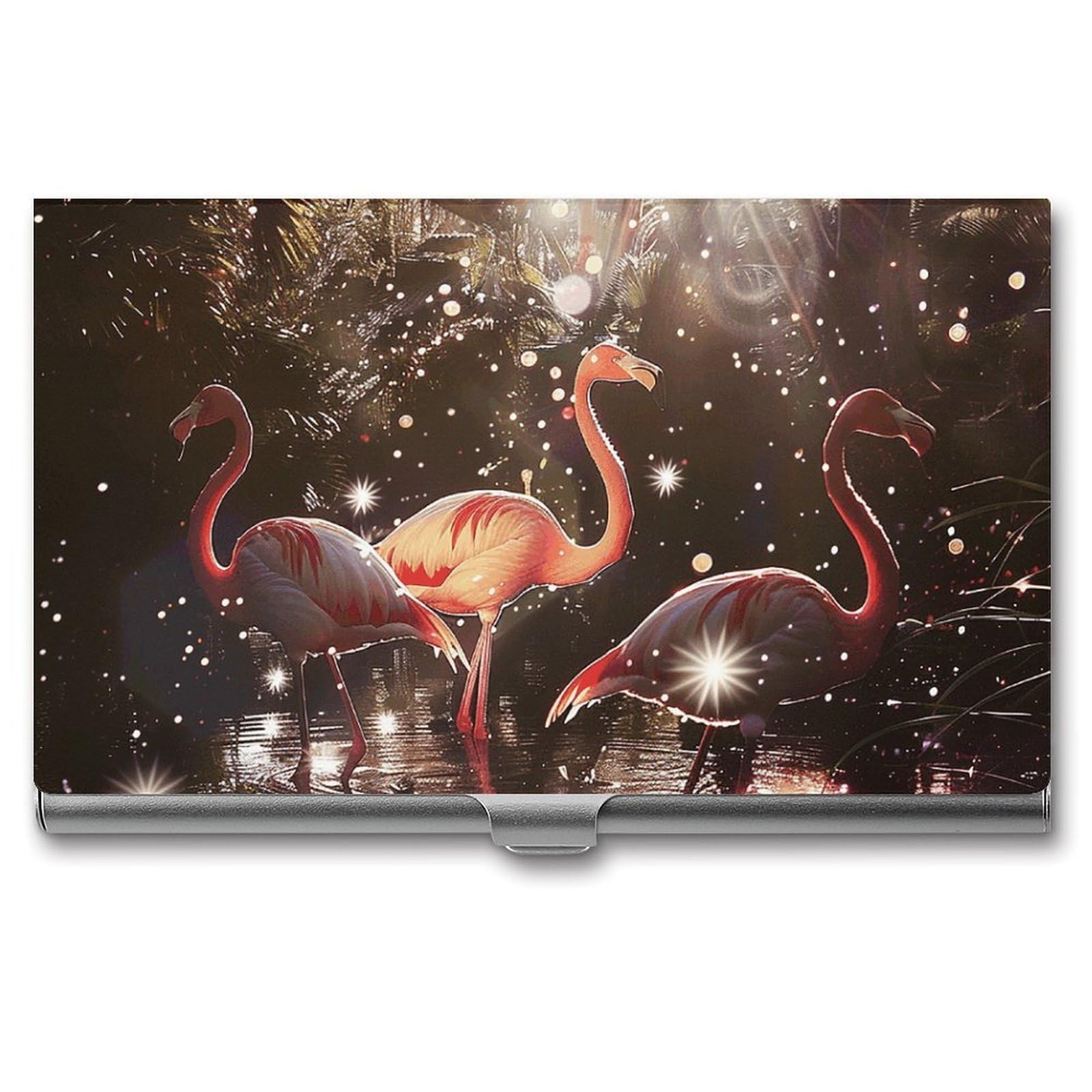 BTCOWZRV Peach Flamingo Image Business Card Holder Metal Slim Business Card Case, Pocket Card Holder for Men Women Purse Name Card Holder Stainless Steel Wallet Credit ID Case for Office
