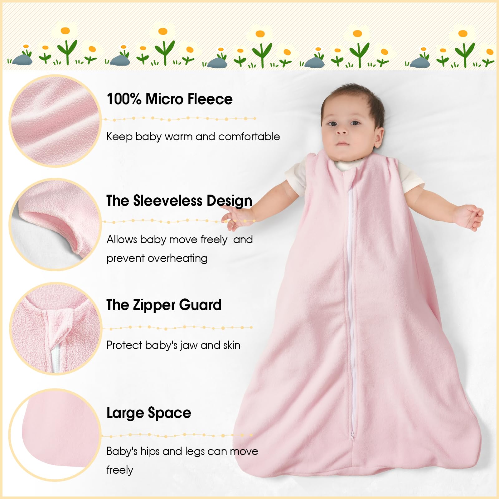 PHF 3 Pack Warm Micro-Fleece Baby Sleep Sack 0-6 Months, Soft Baby Wearable Blanket, 2-Way Zipper Sleeping Bags, Comfy Sleeping Sack for Infant Newborn Girls, Small Size, Snow White&Grey&Pink