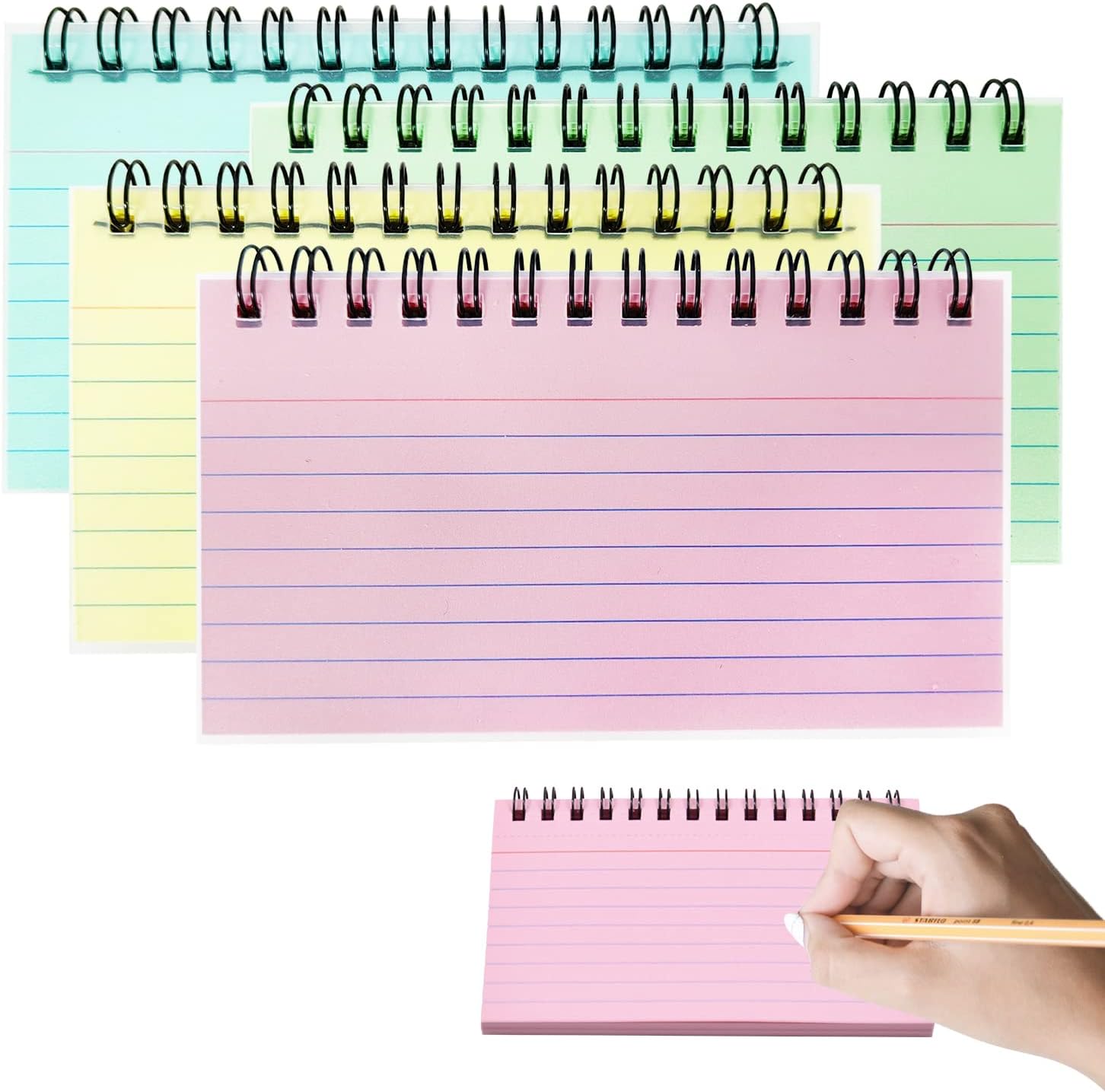 4 Pack Index Cards, 200 Sheets Flash Cards Lined Revision Cards Easy Flip Record Cards Cue Cards for Office Meeting, School Learning, Memory, Sticky Note (Blue, Pink, Green and Yellow)