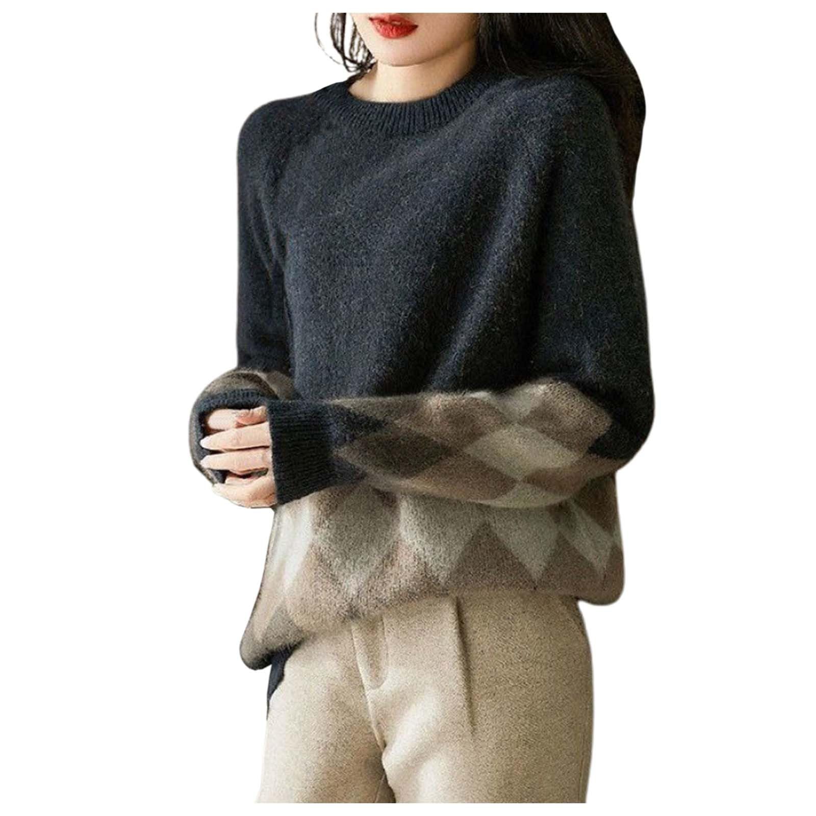 Cable Knit Sweater Women Rhombus Graphic Crewneck Long Sleeve Christmas Sweaters Winter Fashion Xmas Pullover Tops Grey M