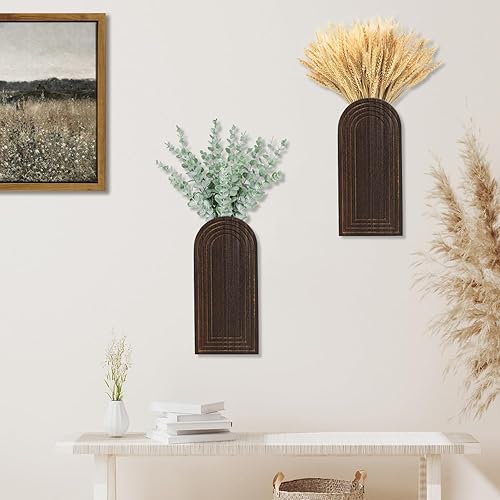 Miniatura 2 de Juego de 2 jarrones de pared de madera, acabado marrón oscuro, decoración de pared moderna de granja y bohemio para entrada, pasillo, baño, sala de