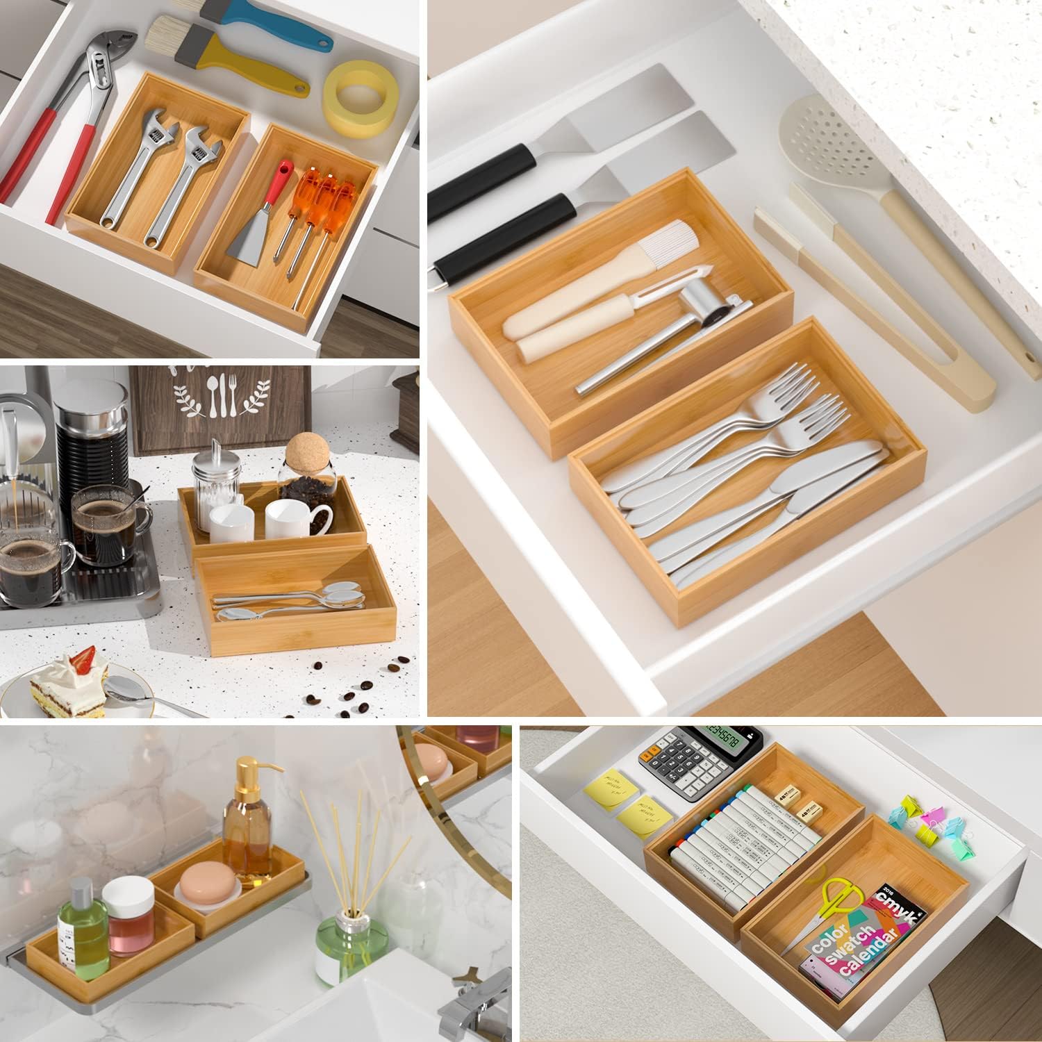 Silverware Tray for Drawer, Stackable Kitchen Bamboo Drawer Organizer 9" x 6" x 2" Set of 2 - Image 4