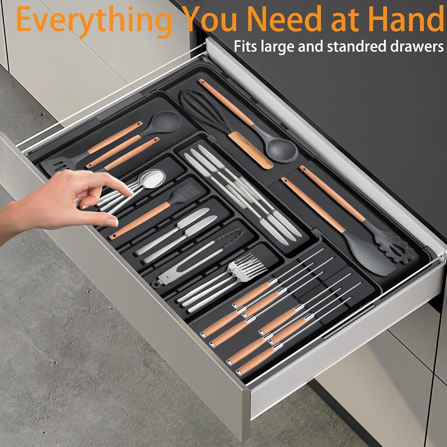 Silverware Organizer Expandable Utensil Drawer Organizer Adjustable Drawer Organizer, Flatware Cutlery Silverware Tray for Spoons Forks Knives Kitchen Organizers Storage (Black Plus)