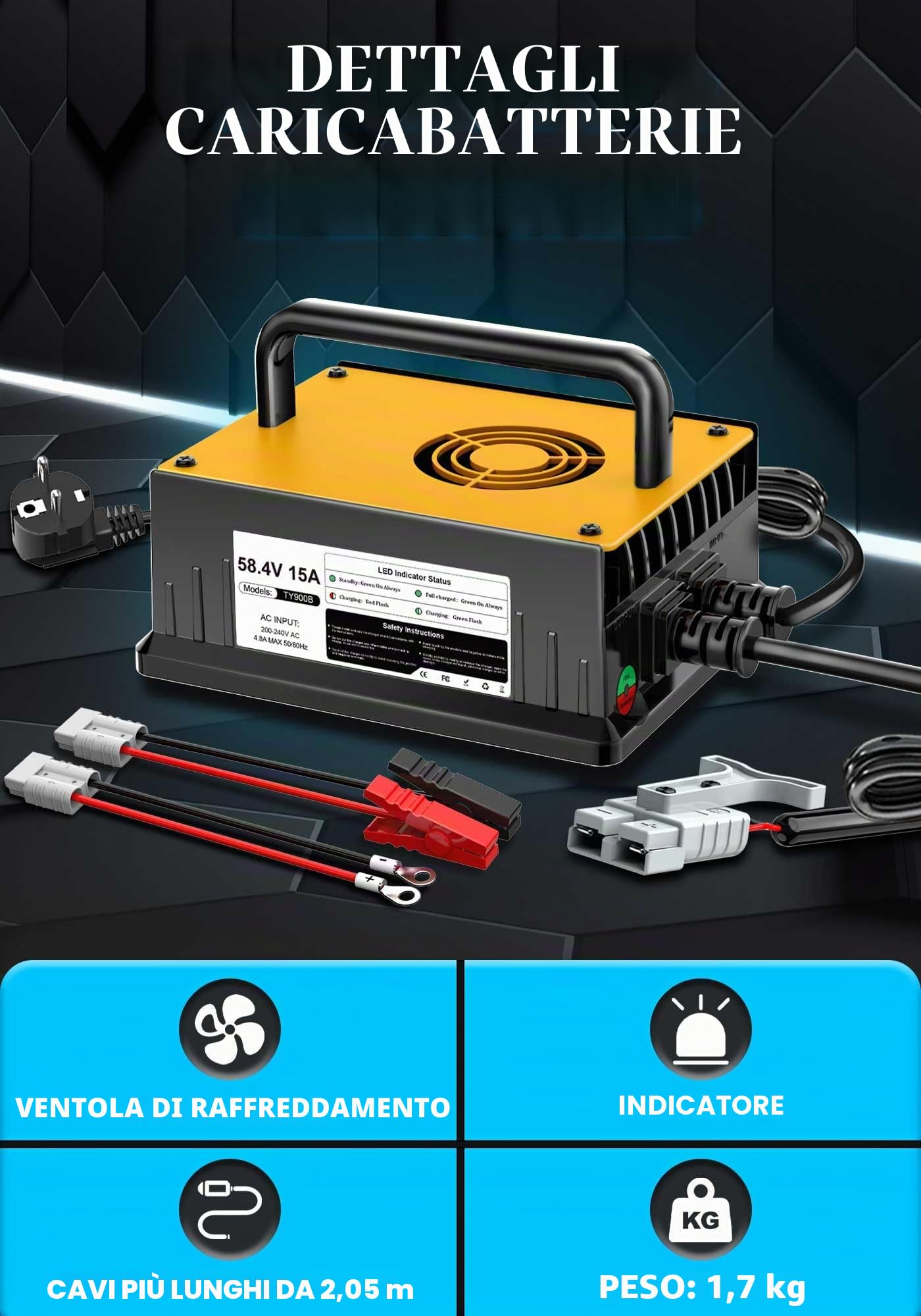 Caricabatterie Litio LiFePO4 48V(58,4V) 15A per LiFePO4 Batterie 48V(51,2V) | Impermeabile IP67 con Ventola di Raffreddamento, Adatto per Golf Cart, Barca, Camper, Solare