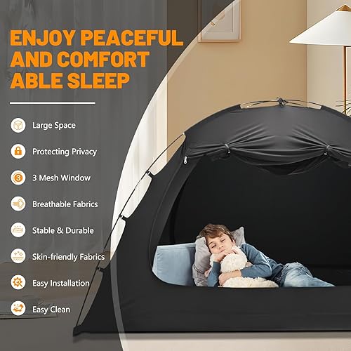 Miniatura 4 de SUNYRISY Tienda de campaña para cama de tamaño matrimonial, tienda de campaña interior para adultos y niños, 3 puertas, tienda de campaña portátil