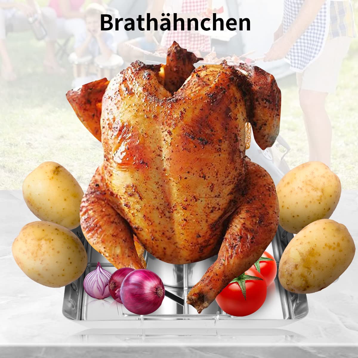 AMOZO Hähnchenbräter - Edelstahl Hähnchenhalter - Bierdose für Hähnchengrill - Grillzubehör für Barbecue, für Grill im Freien, Ofen - BBQ Accessoire mit 4 Gemüsespießen (KJJ-0001)