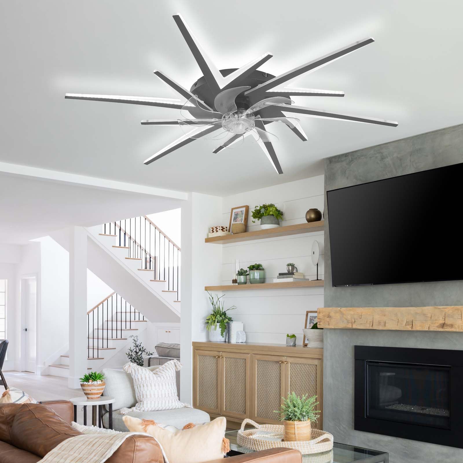 Ventilatore da soffitto moderno bianco da 92 cm con luci LED, controllo tramite app smart e telecomando, luce dimmerabile da 72 W, motore DC silenzioso a 6 velocità, ventilatore reversibile per camer