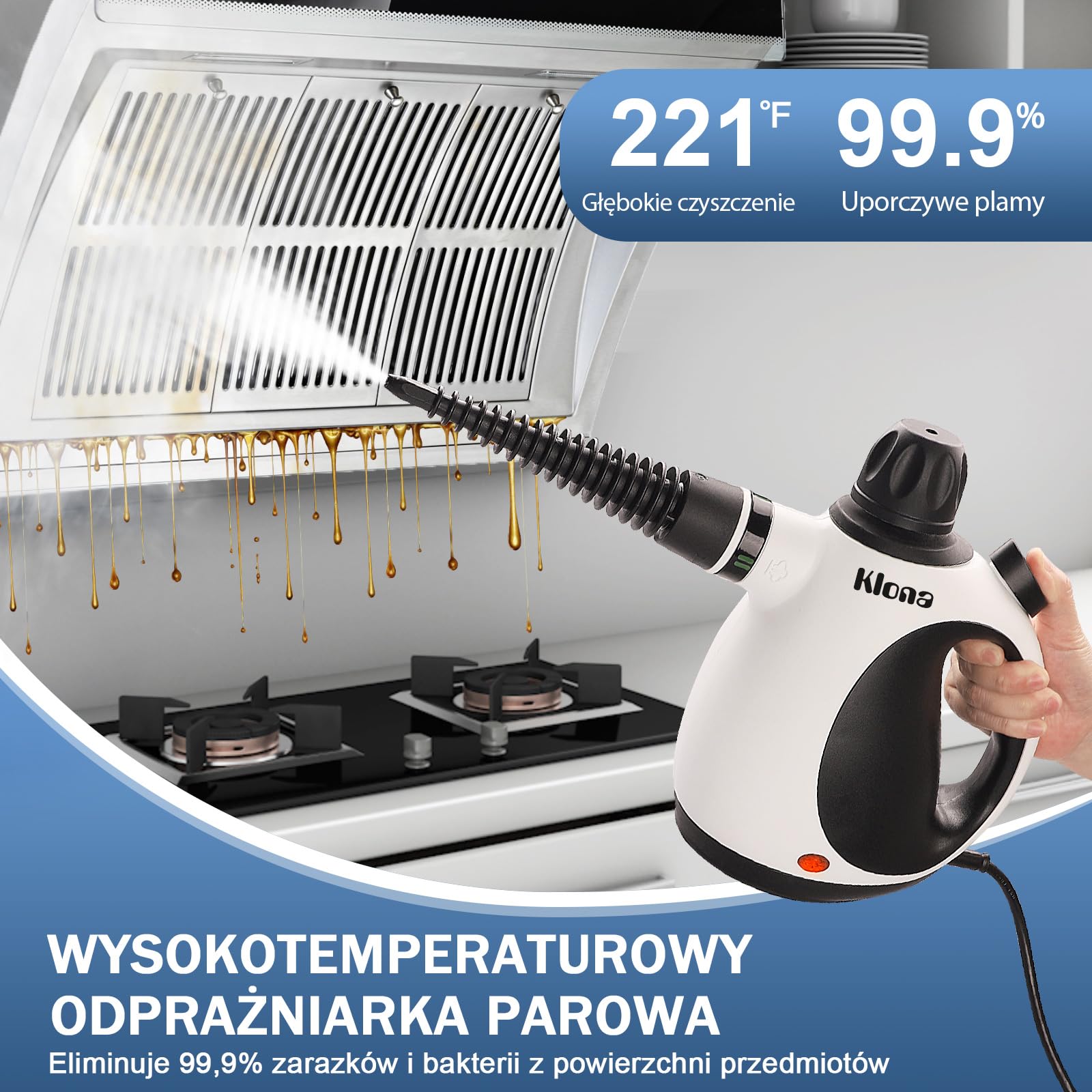 KLONA Ręczna myjka parowa do domu, wielofunkcyjna myjka parowa z 10 akcesoriami do dywanów, zasłon, sof, kuchni, łazienki i wielu innych.