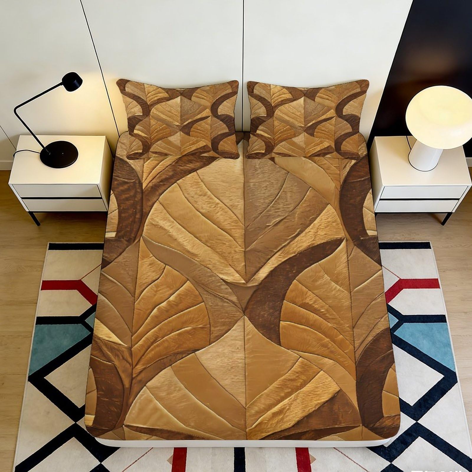 3D Printed Abstract Leaf Fitted Sheet Microfiber Soft Brown Geometric Mattress Cover for Bedroom Guest Room Decor 90x200x25cm
