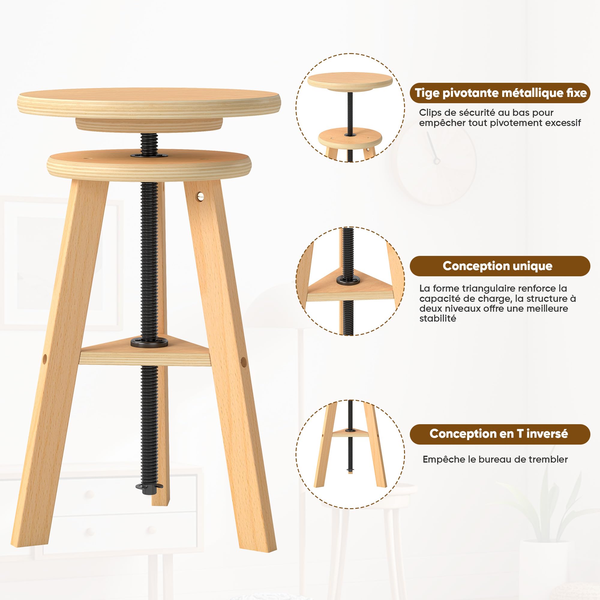 Tabouret Bois Hêtre Réglable en Hauteur 30 cm pour Artiste Dessin Studio Bar Cuisine