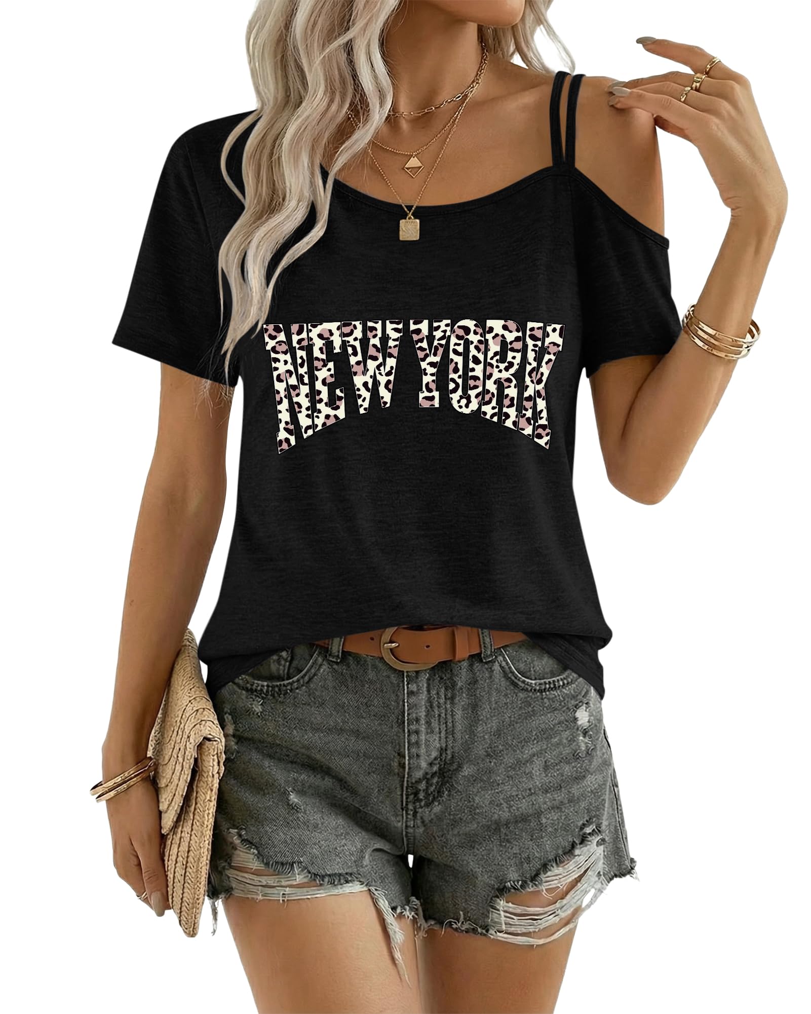 PLMOKEN Damen Sommer Tshirt Lockere Casual Bluse Kurzarm Schulterfreies Oberteil Asymmetrisches One Shoulder Rundhals Tunika Tops Leicht