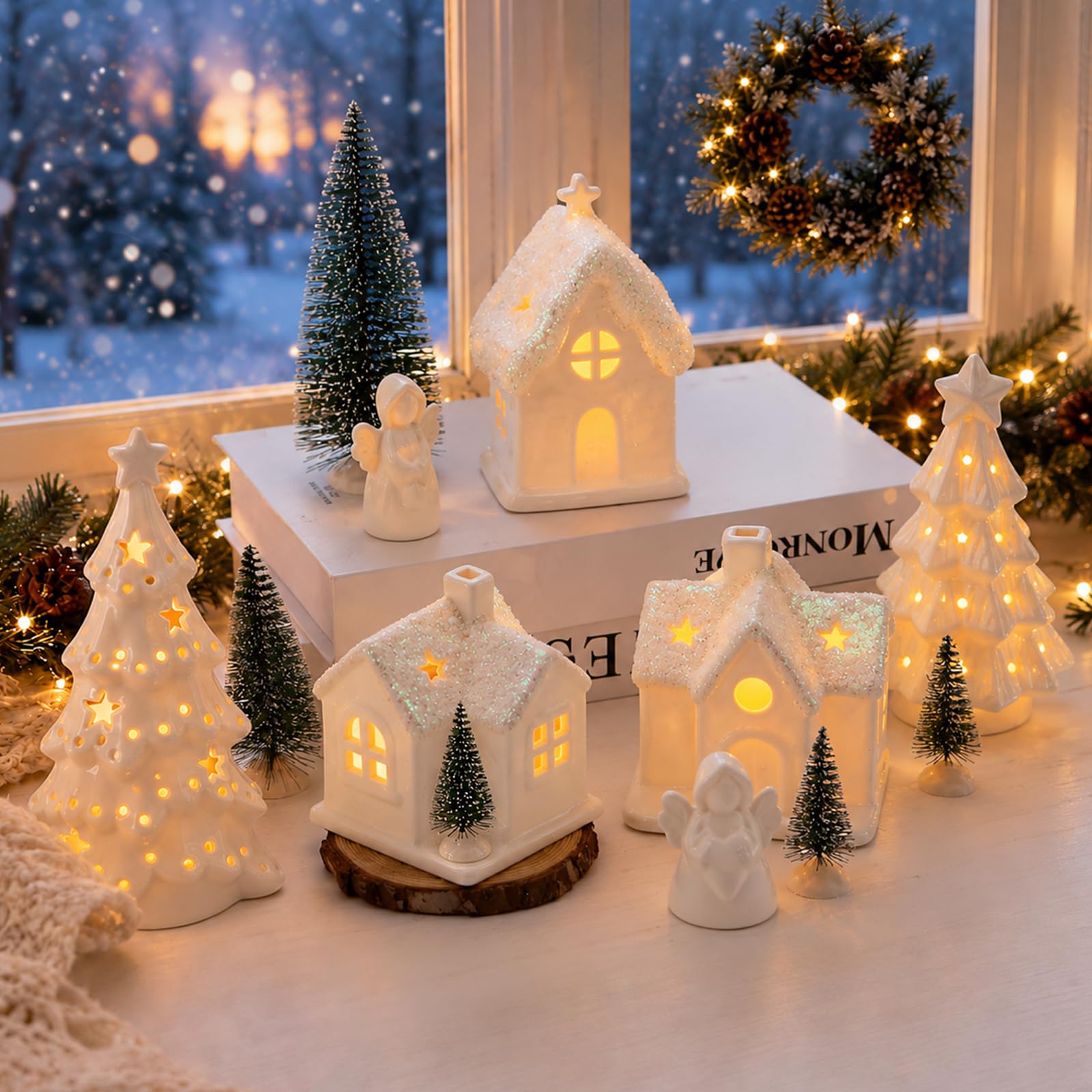 12Stk Weihnachtsdorf mit Beleuchtung,Weihnachtshaus Beleuchtet,Keramik Weihnachtsdeko innen,3*beleuchtete Weihnachtshäuser & 2*Weihnachtsbäume & 2*Engel,Deko Weihnachtsdorf mit Beleuchtung für Tisch