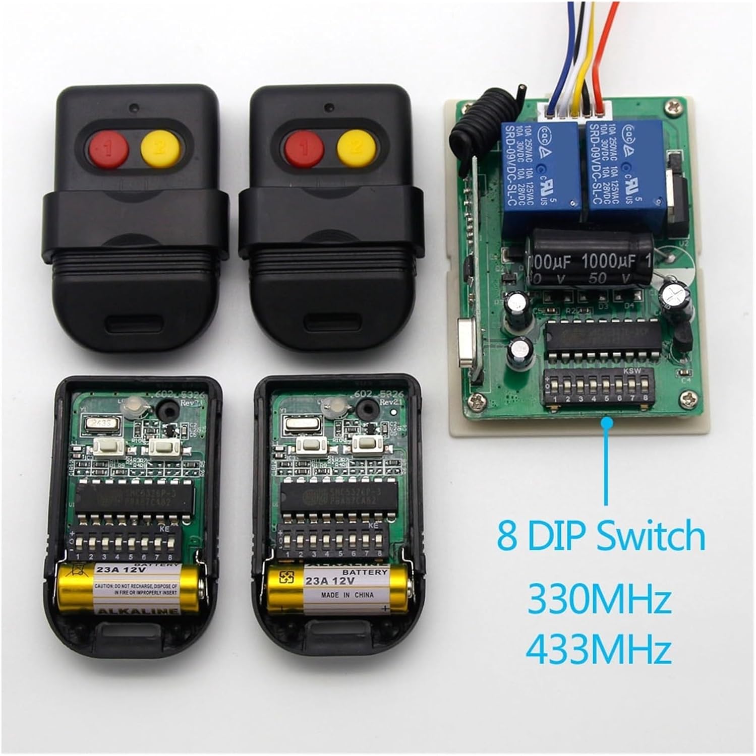 The SMC5326 receiver circuit board displayed with two remote controls, showing their internal DIP switch configurations.