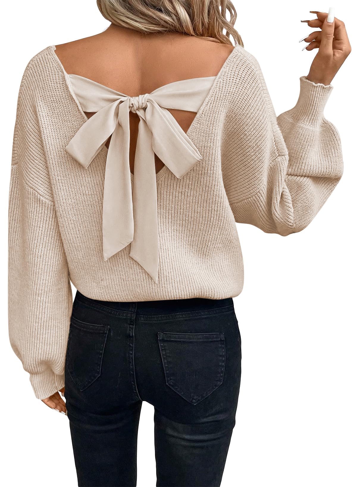 Womens Pullover Sweaters Casual Long Sleeve V Neck Loose Fit Knit Tops