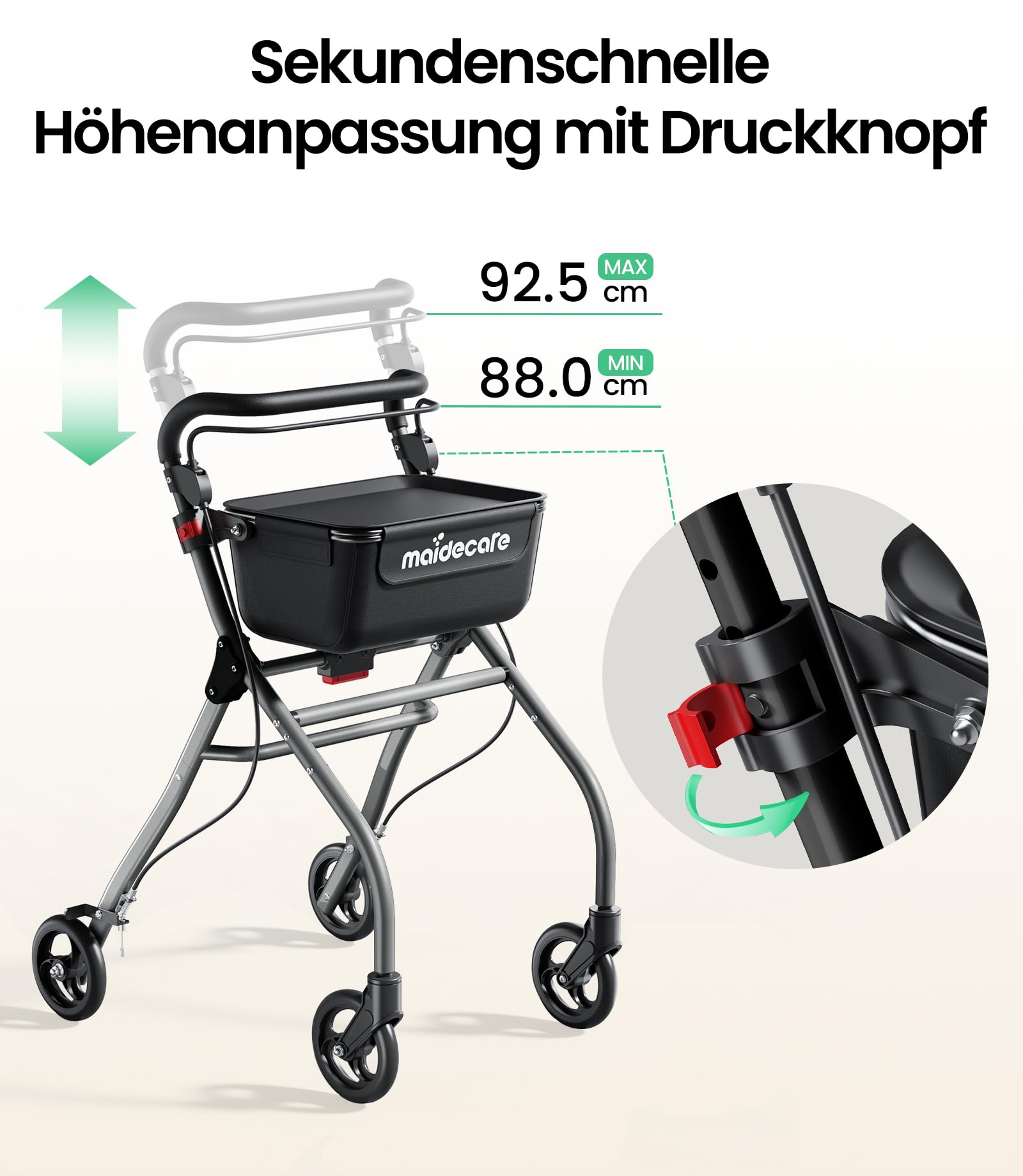 Rollator Schmal für Wohnung, Indoor Rollator Faltbar und Leicht mit Klappbar Tablett & Stoffkorb, Gehhilfe für Senioren mit Spuer Leiser Anti-Rutsch Reifen,Aluminium, Mobilität für Zuhause, Silber