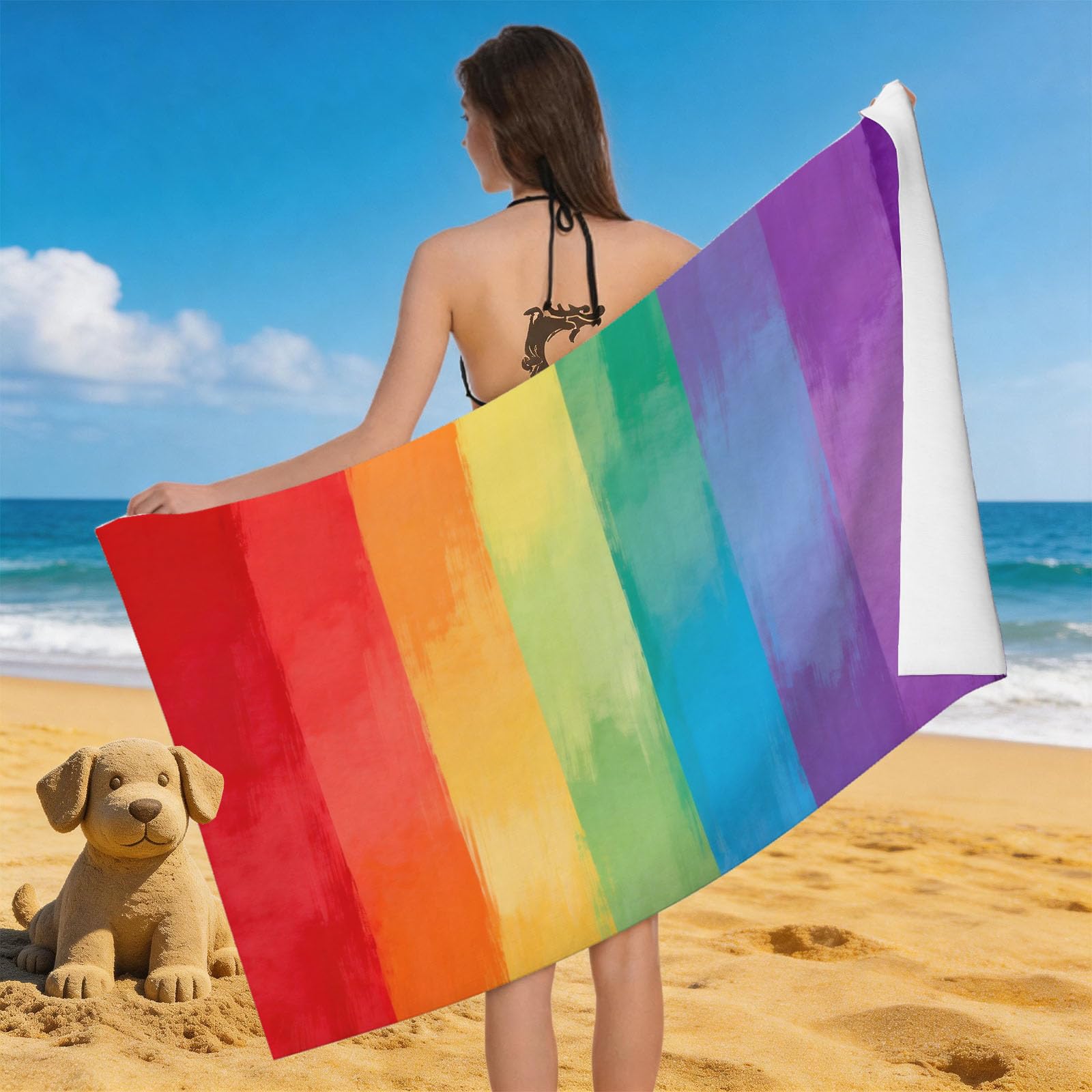 Leichong 3D Rainbow Stripe Beach Towel Large Microfiber Soft Quick Dry for Adults, Gradient Bath Towel Lightweight Soft Absorbent for Travel Swimming Pool Sports, 180 x 90 cm