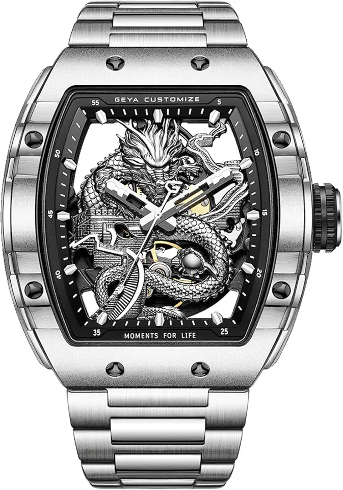 Relógios mecânicos de dragão de diamante de cristal de luxo, mostrador esqueleto impermeável de 50 m, caixa de ouro rosa, pulseira de relógio chinês Loong para homens