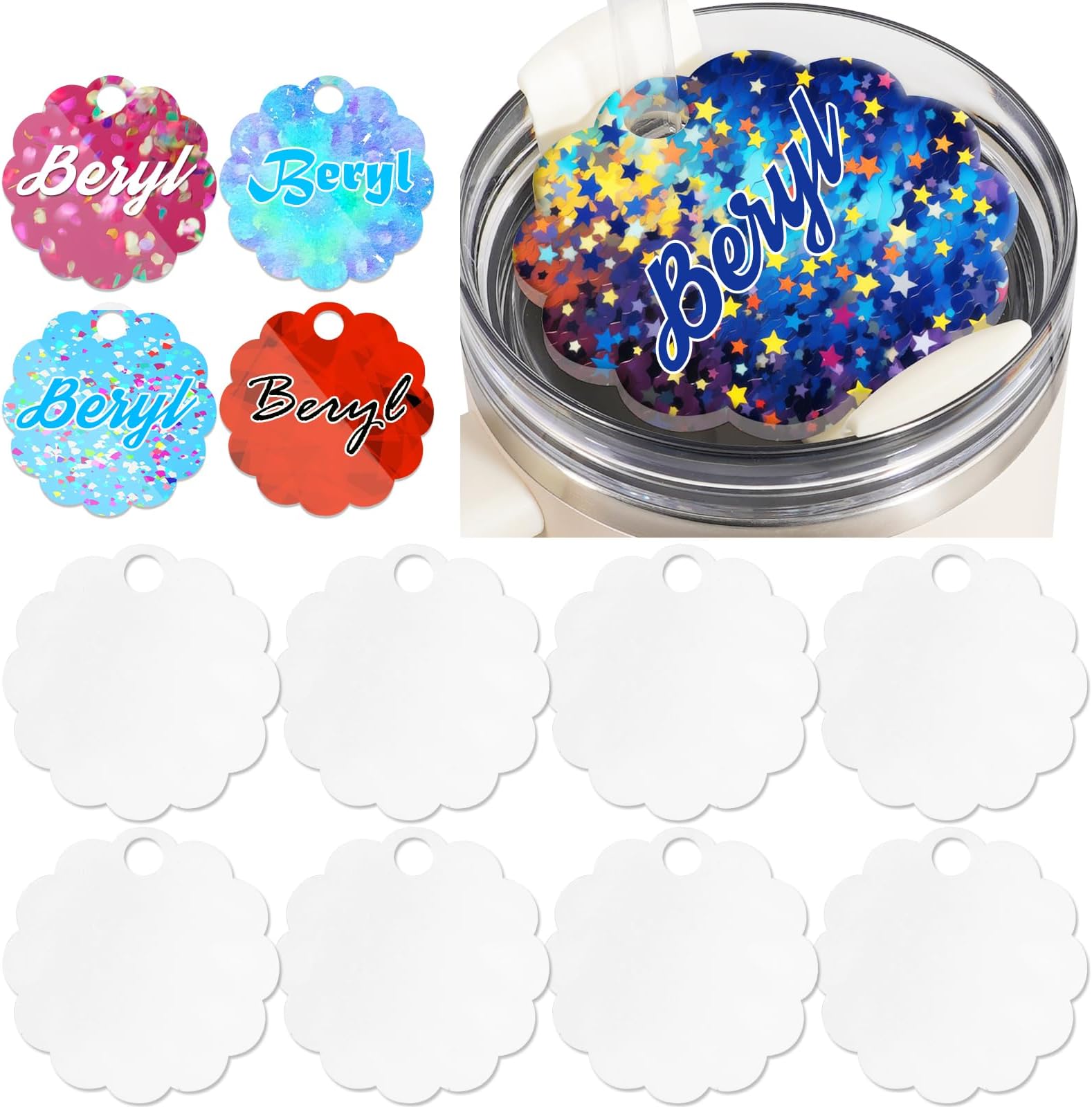 ToBeAce Sublimation Name Plate Blanks Acrylic for Stanley 40 oz Tumblers H2.0 & H1.0, Topper Personalized Tag Customized Cup, Round Lace 3.2''L x 3.2''W 8 Pcs (NOT 30/20 oz), SUB-A001