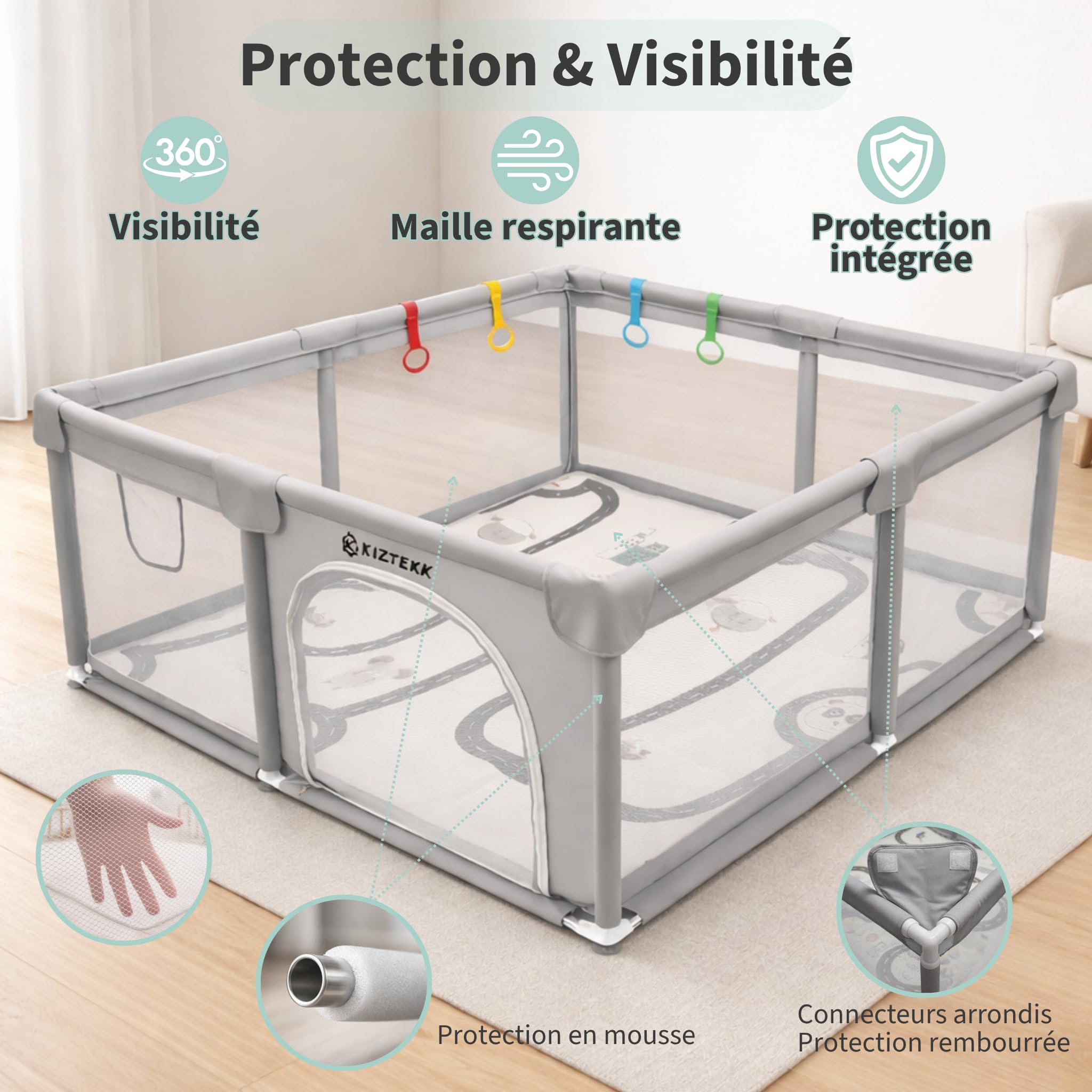 Parc Bebe 150x150 cm - Parc Bebe avec Tapis de Sol Pliable - Grand Espace Sécurisé - Protection Renforcée - Visibilité 360° - 2 Sacs de Rangement Inclus - 4 Anneaux de Soutien