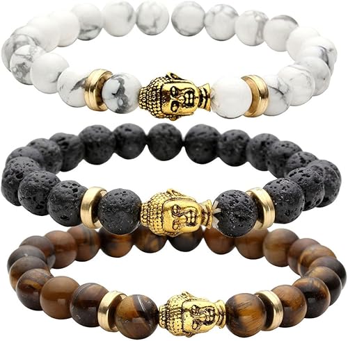 JOVIVI piedra energética unisex de lava negraojo de tigrelapislázuliturquesa 8 mm cuentas Mala con brazaletes dorados Buddha