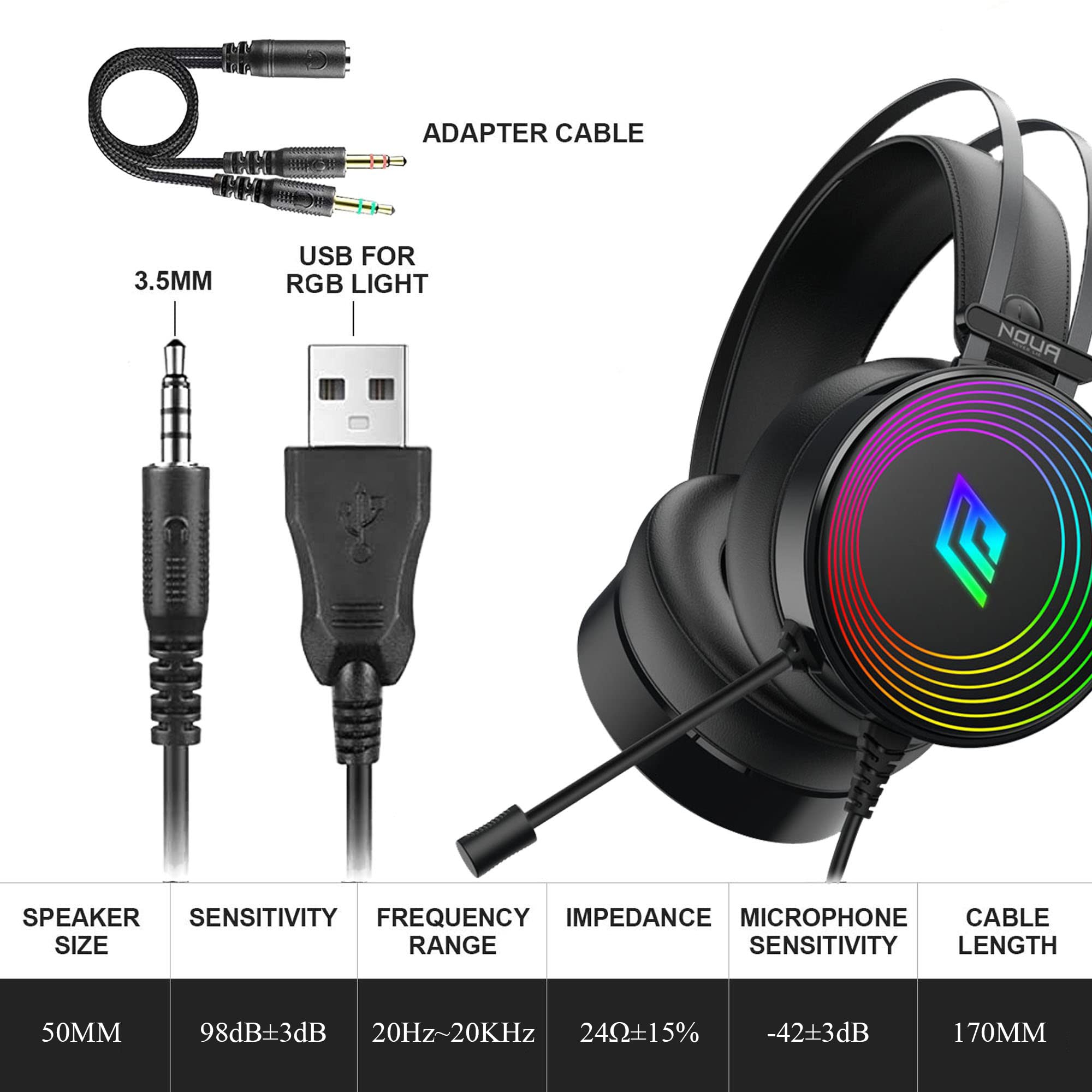 Noua Crux Rainbow Casque de Jeu Over-Ear 50 mm avec Microphone Flexible Casque de Jeu avec 3,5 mm Jack et contrôle du Volume Casque pour PS4, PS5, Xbox One, Switch, PC, Mac, Ordinateur Portable,