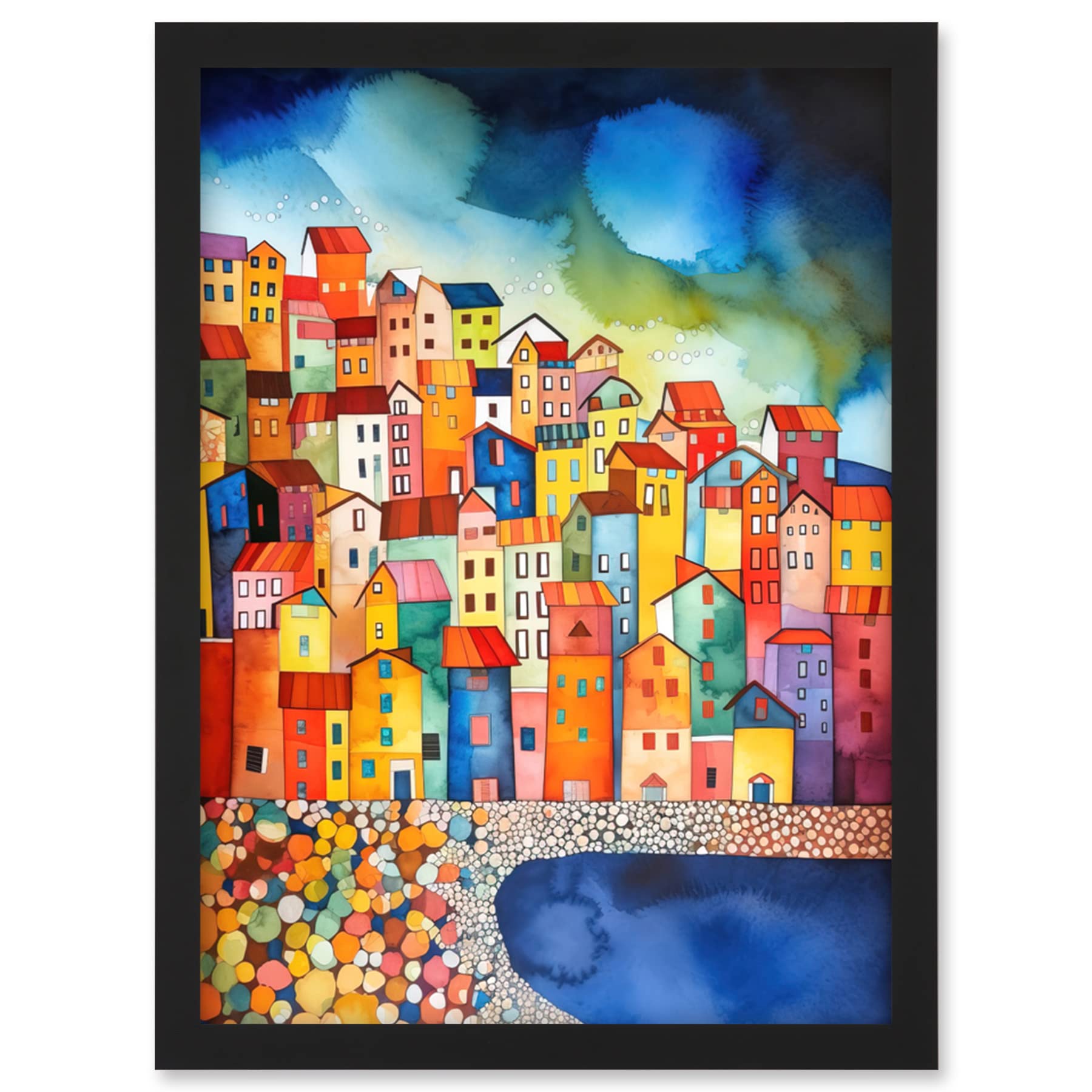 Artery8 Menton France Seaside Town Folk Art Artwork Framed Wall Art Print A4