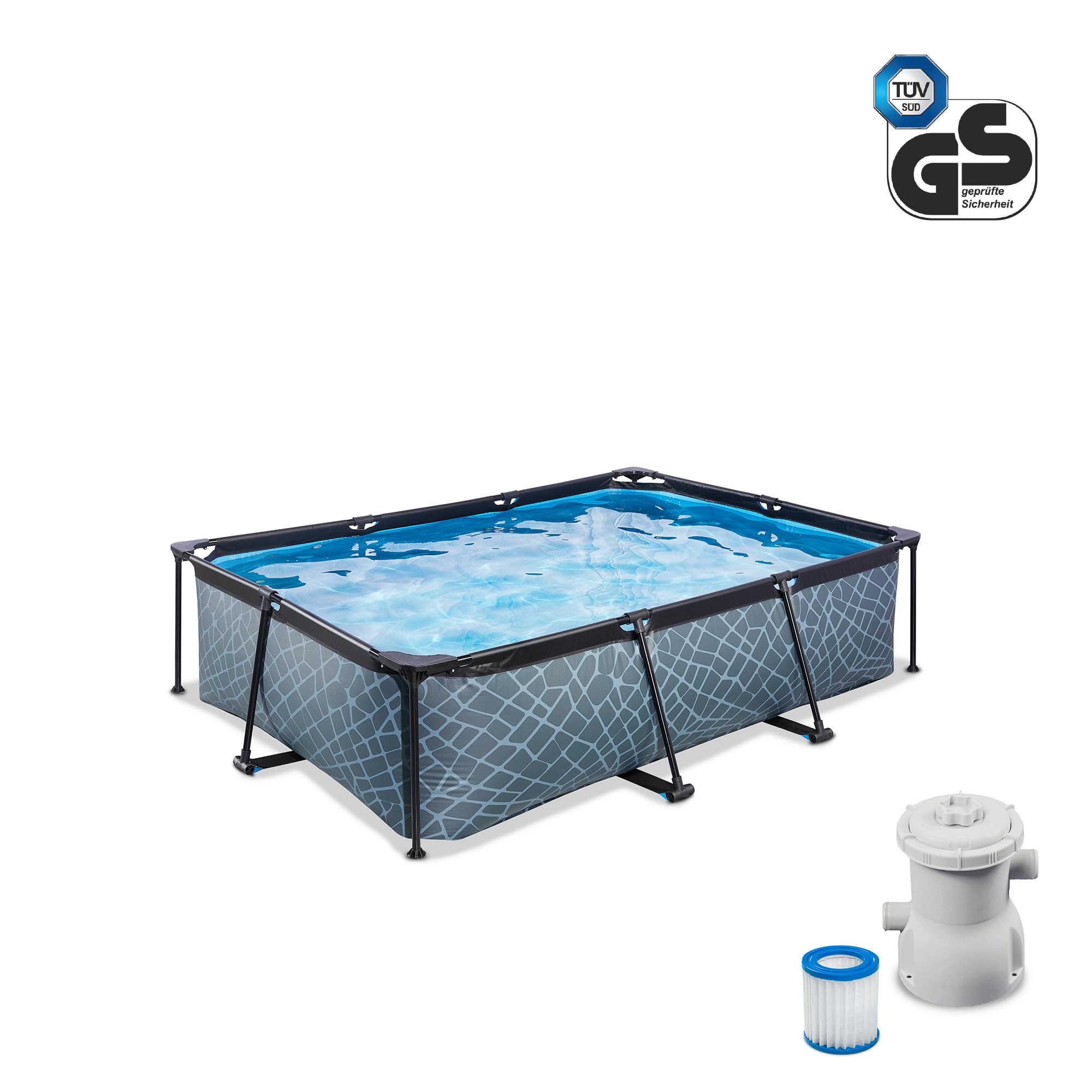 EXIT Toys Stone Pool - 220x150x65cm - Piscina de Marco Rectangular Compacta con Bomba de Filtro de Cartucho - Fácil Acceso - Adecuado para Pequeños - Marco Robusto - Diseño Único - Gris