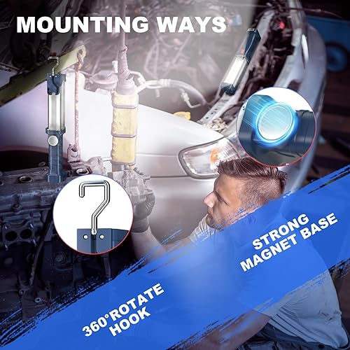 Vista 3 de WARSUN Luz de trabajo LED recargable, luz portátil para problemas mecánicos con 1200 lúmenes, base magnética de luz de trabajo COB, reflector