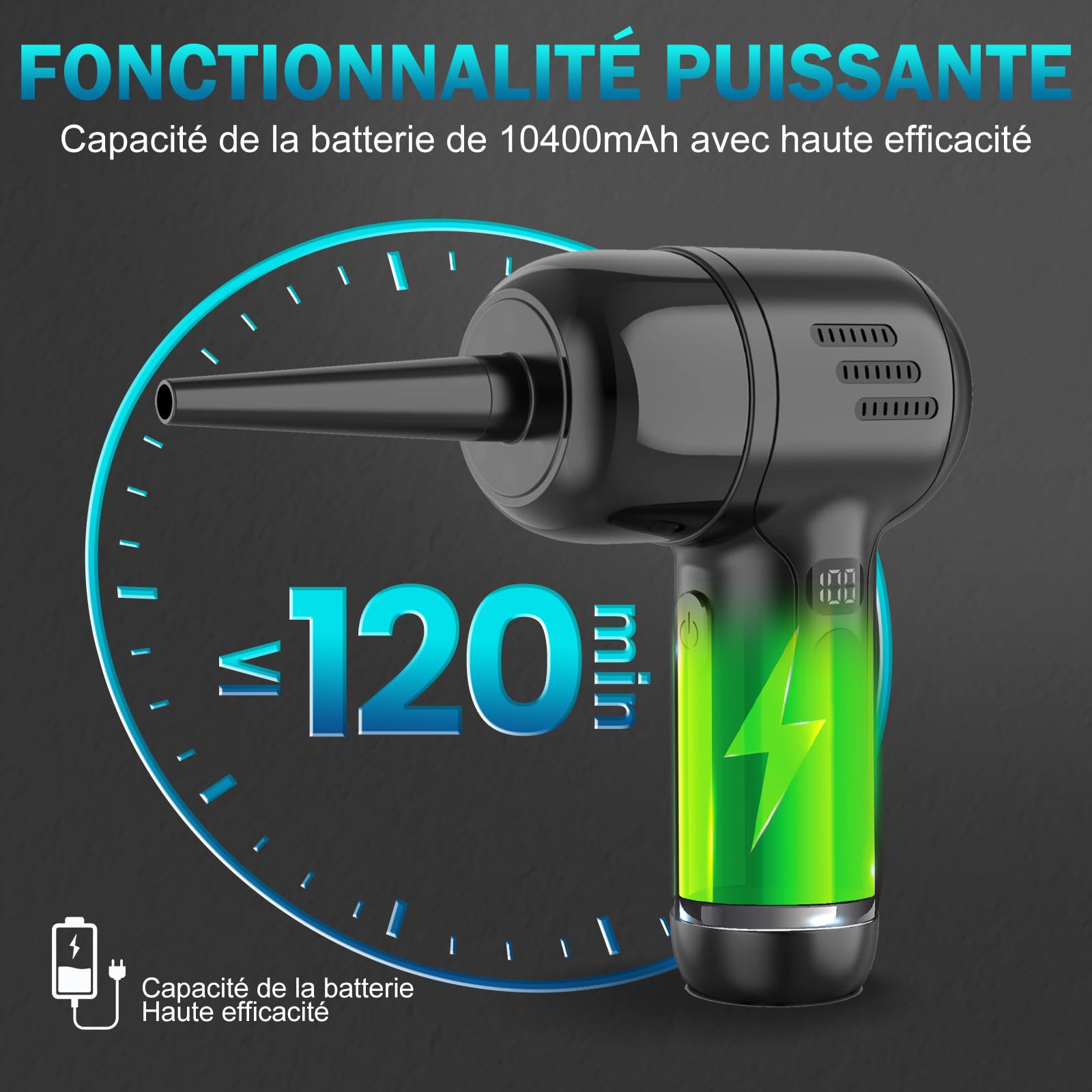 Souffleur Air Comprimé Électrique - Jusqu'à 165 000 RPM, Batterie de 10 400 mAh, Bombe Air Sec pour PC avec Recharge USB et Type-C, Écran LED - ULtronics X