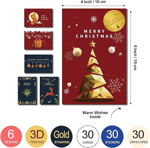 Miniatura 3 de Paquete de 30 tarjetas de Navidad a granel 3D con sobres rojos, calcomanías de sellado, cálidos deseos de alegría y paz para negocios, familia,