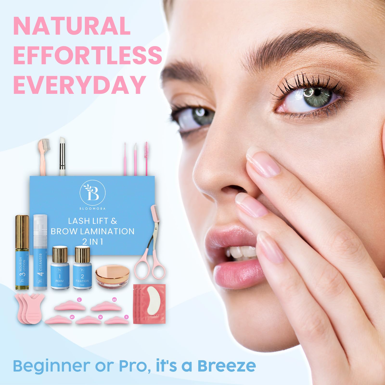BLOOMORA Lash Lift & Brow Lamination Kit - 2-in-1 Solution, 15 Applications, Lasts 6-8 Weeks, DIY Perm Kit for Eyelashes and Brows