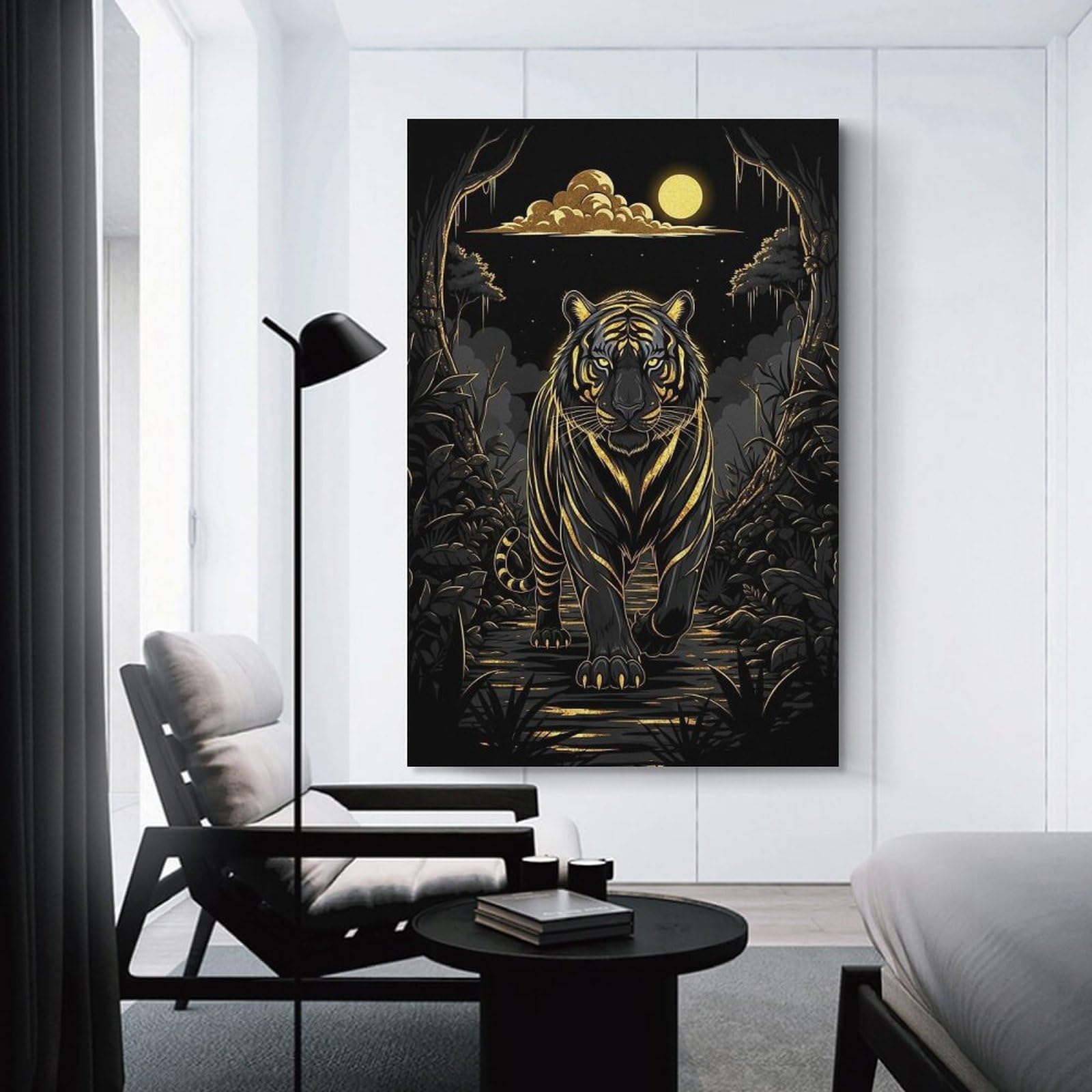 Junmoney Golden Tiger in Moonlit Jungle Hanging Wall Art, 20x30inch(50x75cm), for Gallery Wall Decor And Room Displays, Home Wall Art for Statement Displays
