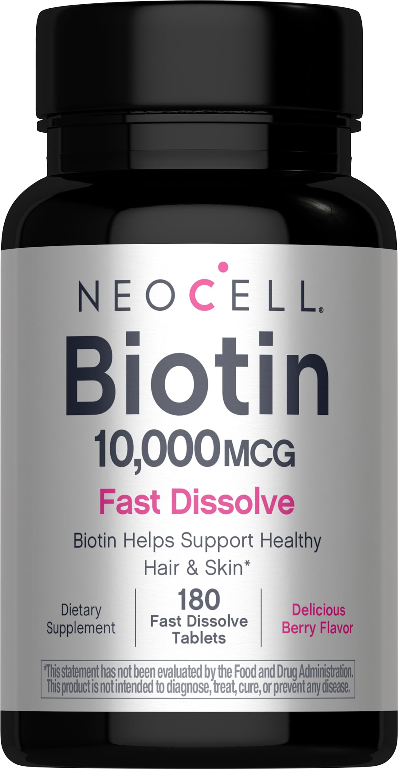 NeoCell Biotin 10000mcg Fast Dissolve Tablets 180 Count for Women and Men Berry Flavor Supplement Hair Skin and