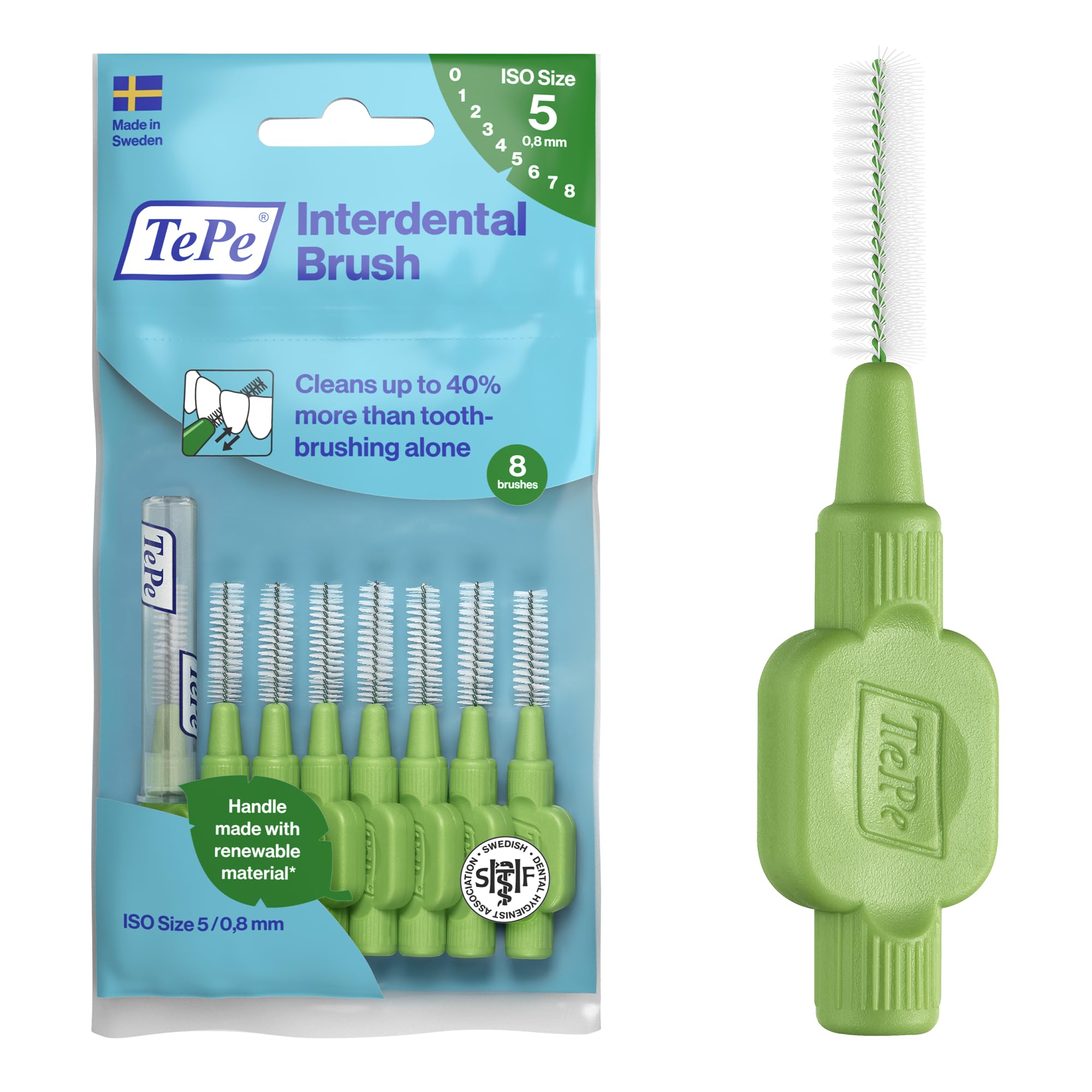 TePe Interdental Brush, Original, Green, 0.8mm/ISO 5, 8pcs, Plaque Removal, efficient Clean Between The Teeth, Tooth Floss, for Small Gaps