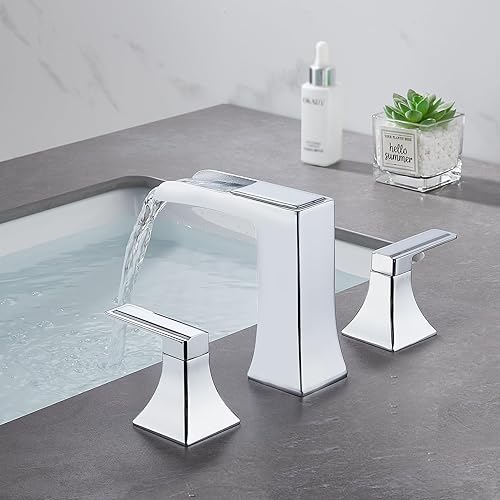 Miniatura 30 de Grifo de baño negro de 3 agujeros, grifos de cascada para fregaderos de baño de 4 a 16 pulgadas, grifo de tocador de dos manijas con drenaje Mate