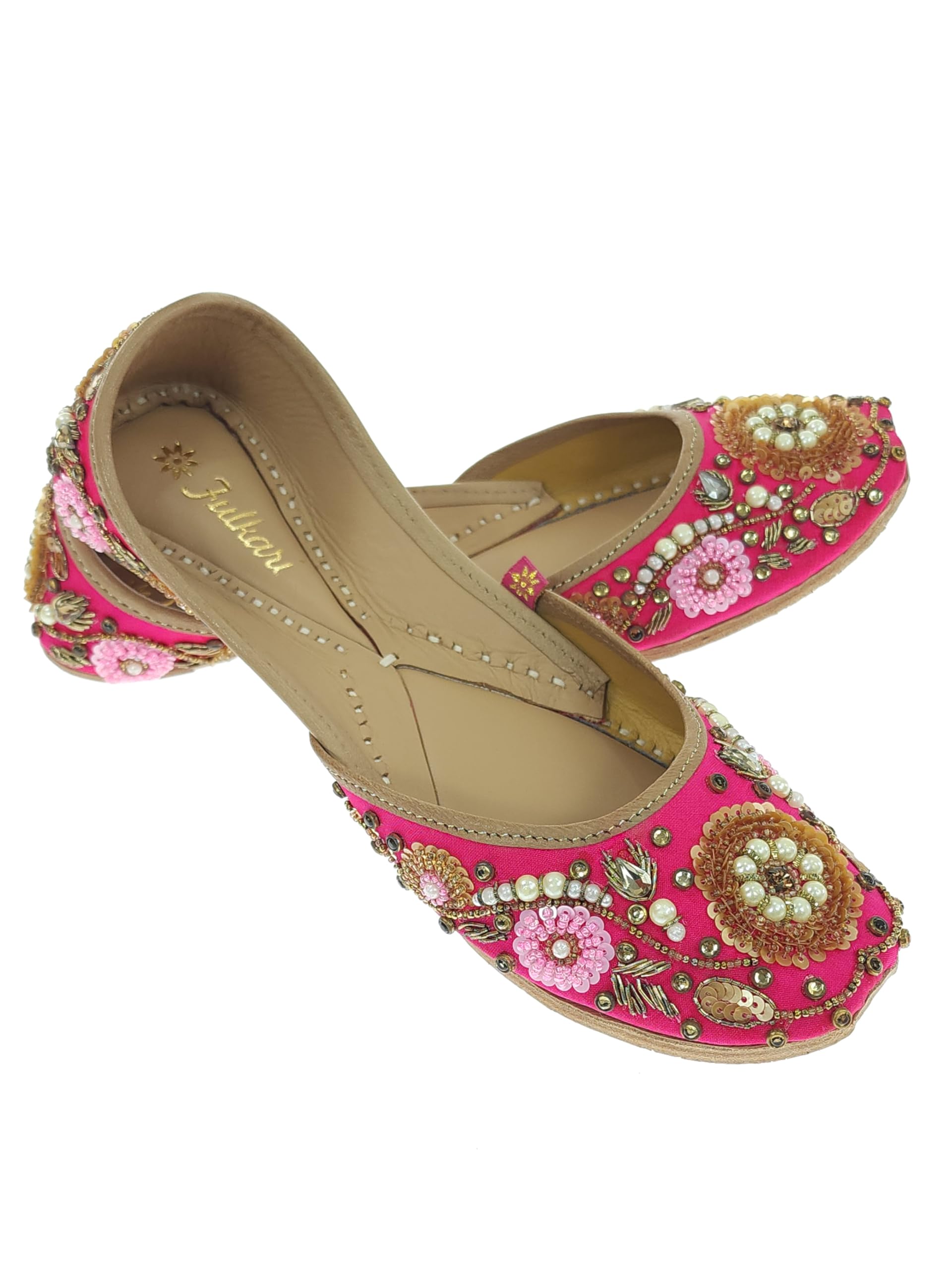 Women's Bergenia Gold Genuine Soft Leather Embroidered Jutis | Bite and Pinch Free Jutti | Punjabi Formal Juttis | Girl's Wedding Flat Ladies Mojari | Formal Ethnic Juti |