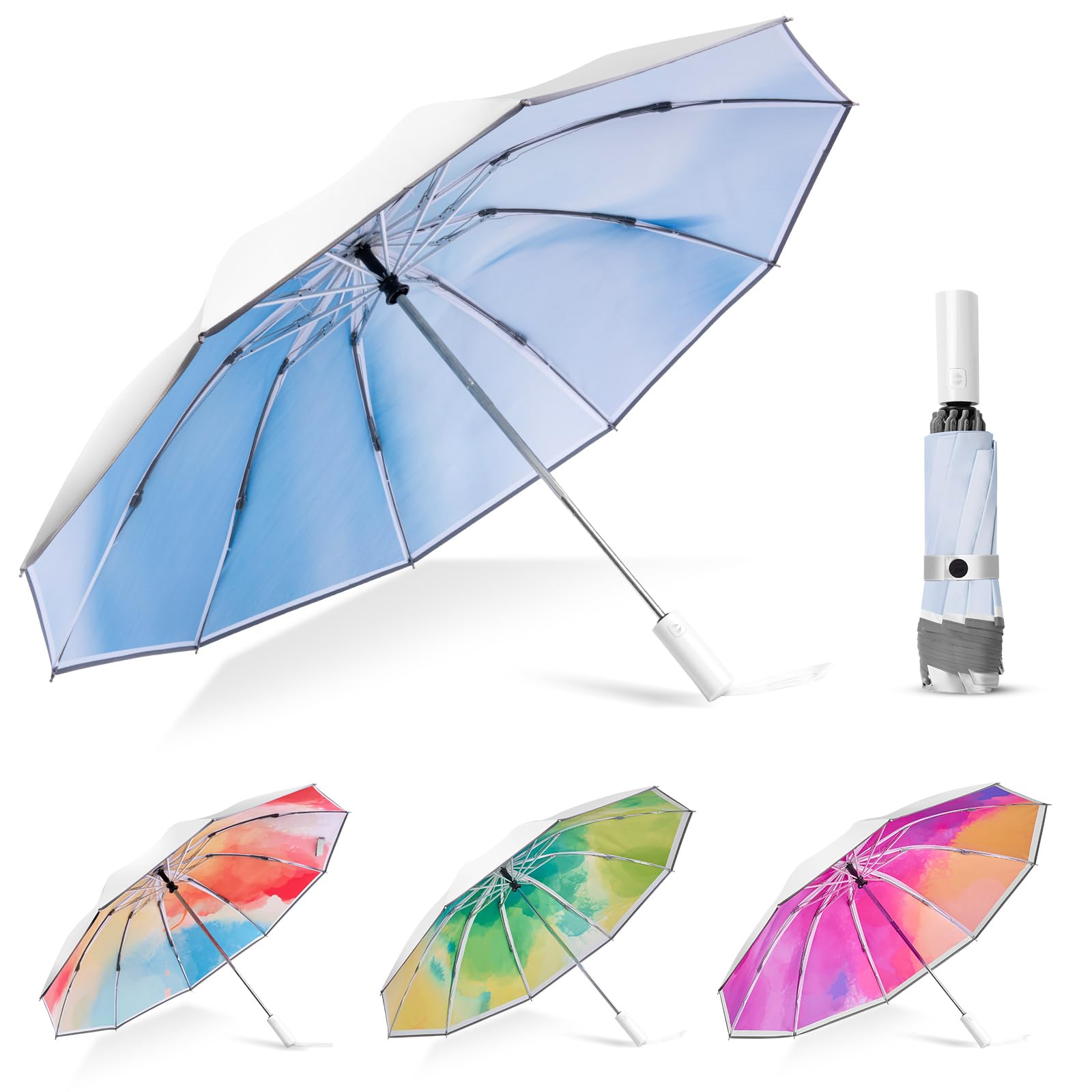 UPF 50+ UV Protection Large Travel Umbrella, Auto Folding Compact Portable Windproof Sun Blocking Umbrella with Silver Reflective Cooling Technology