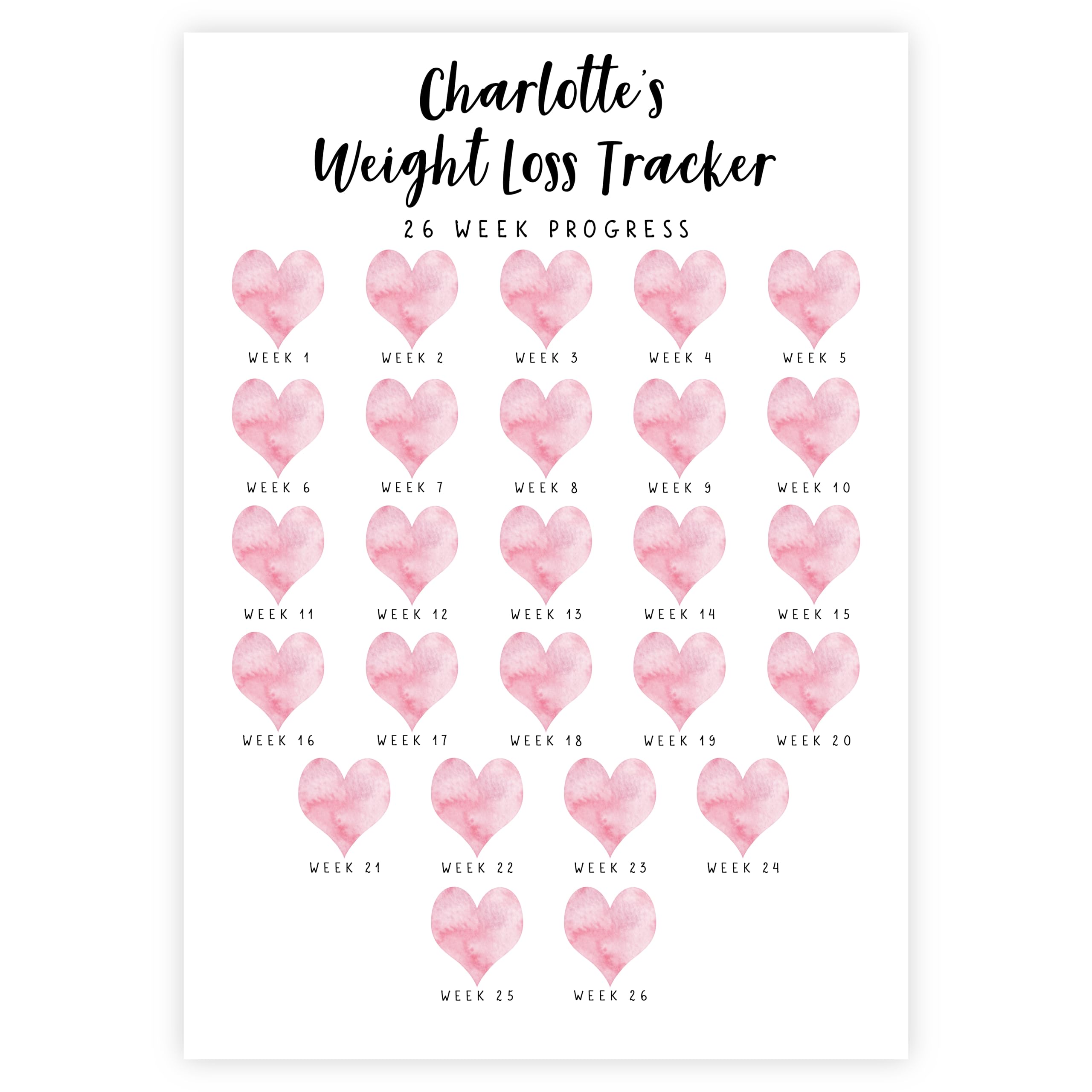 Personalised Heart Weight Loss Tracker, Weekly Weigh In Progress Chart, 26 Week Progress, Motivational Goal Tracker, Slimming, Diet Tracker Journal, A4 A5, 15 Colour Options, Optional Lamination