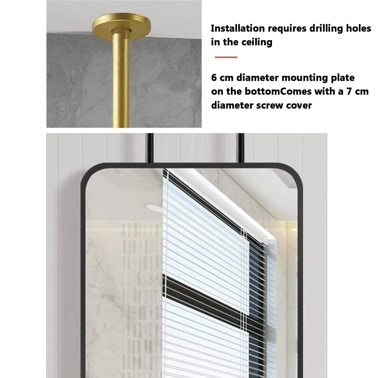 Black Recle metalowe wiszące lustro sufitowe - 60 x 90 cm zawieszone lustro łazienkowe do makijażu z podwójnymi prętami do wystroju przedpokoju i hotelu