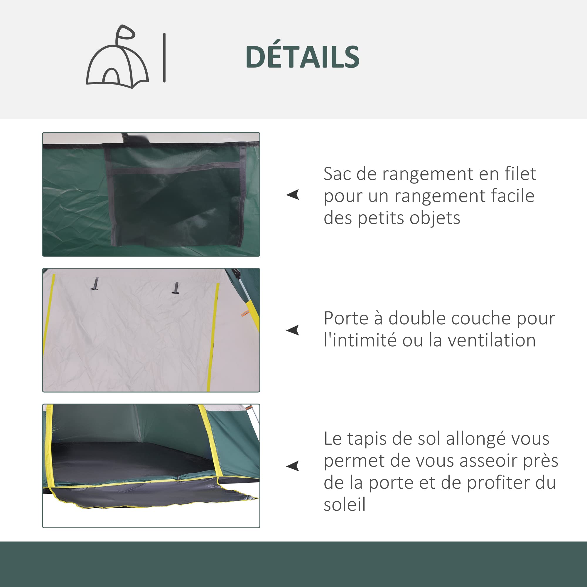 Outsunny Tente de Camping Pop up 3 Personnes avec 3 fenêtres et Porte, Sac de Transport Inclus, Fibre Verre Polyester PE, Gris Vert