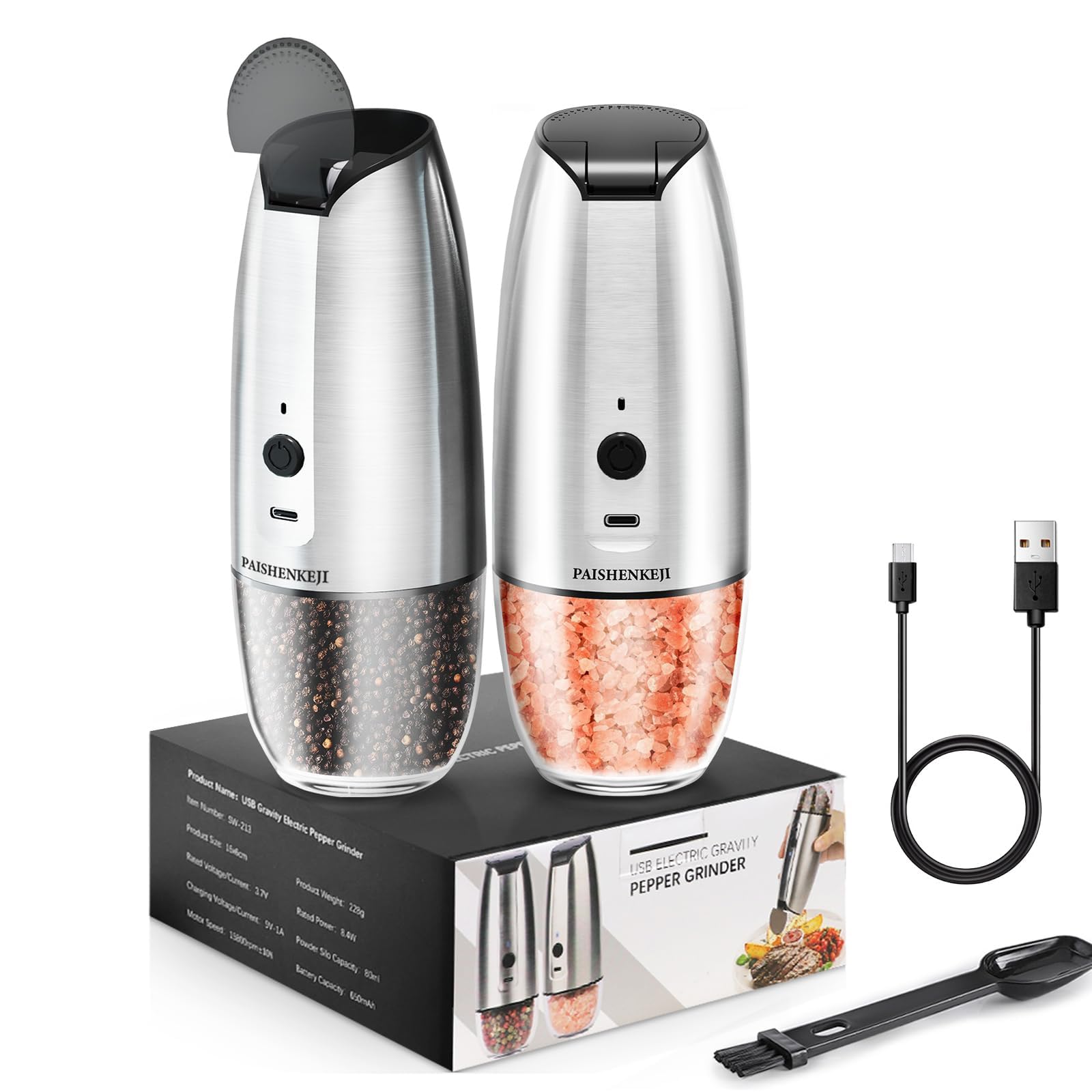 Electric Salt and Pepper Grinder Set: - For Gravity Electric Salt and Pepper Shakers Set Rechargeable Automatic Spice Grinder USB Powered Spice Peppercorn Shaker with Adjustable Coarseness