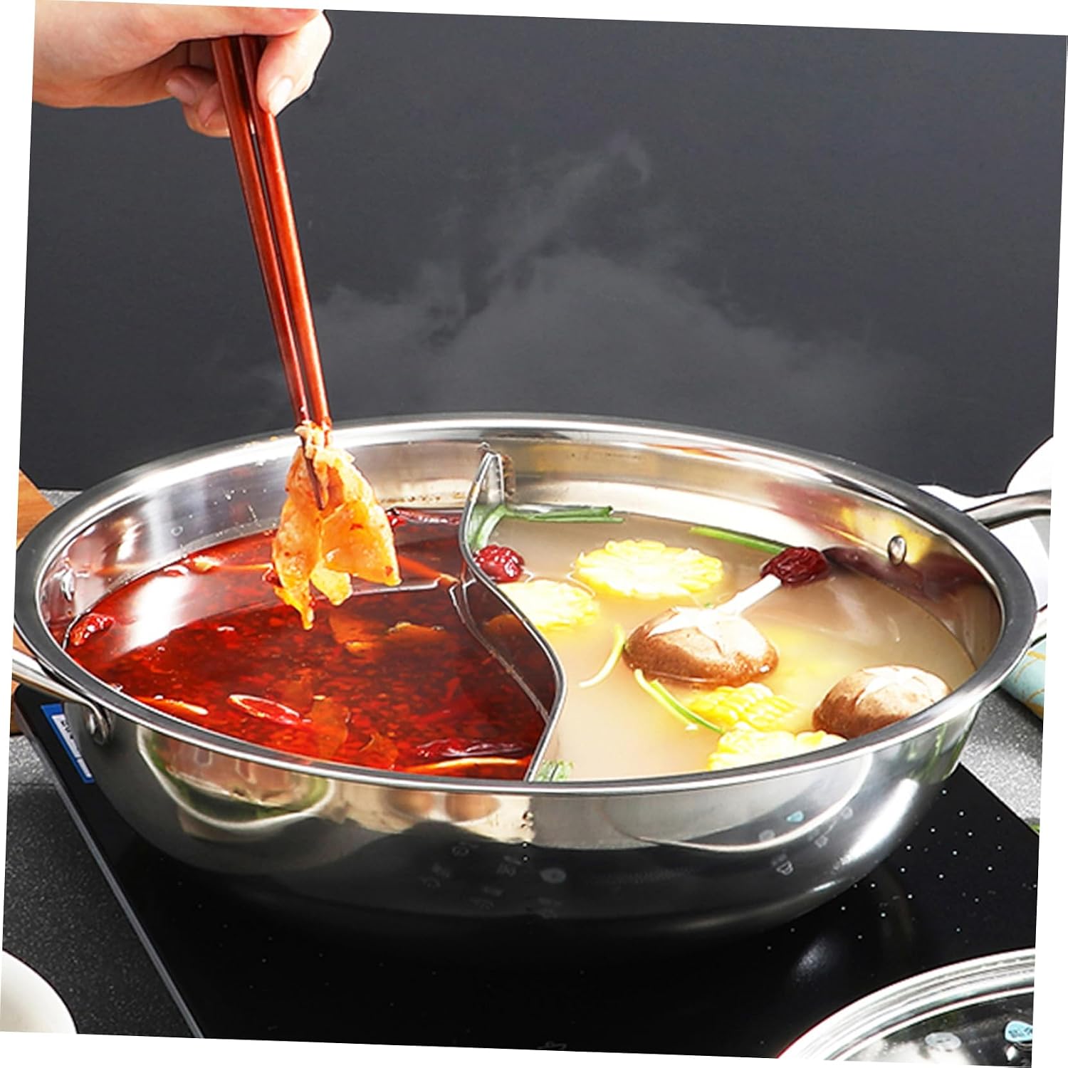Stainless Steel Hot Pot with Lid, Double-sided Separation Xmas