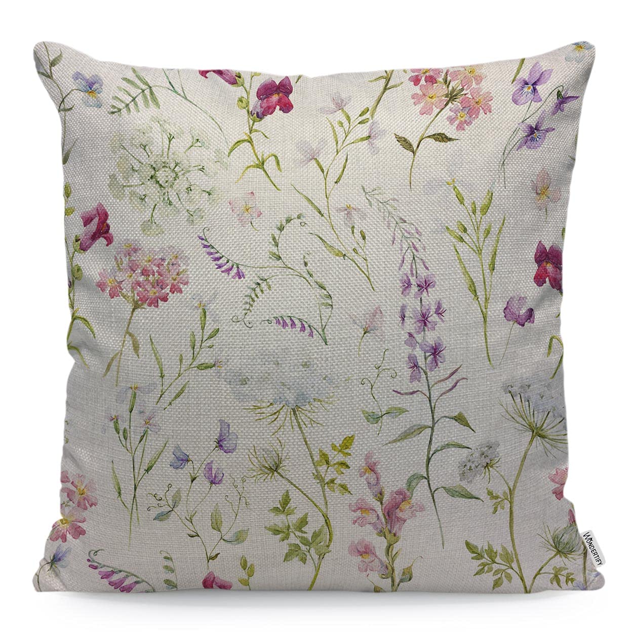 WONDERTIFYPurple Green Flower Cushion Cover Watercolor Floral Delicate Wildflowers Pink Tansy Pansies Delphinium Pillowcases for Men Women, Pillow Cover Living Room Farmhouse 45X45 Cm