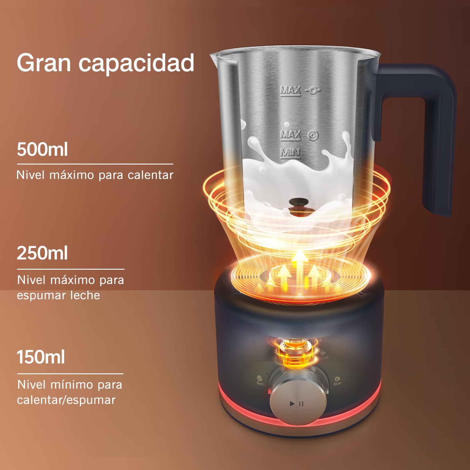 SIMPLETASTE Espumador de Leche Eléctrico 4 en 1, Jarra Desmontable, 500 ml Espumador Automático de Alta Capacidad para Leche Caliente y Fría, Café, Latte, Macchiato, Capuchino y Chocolate Caliente
