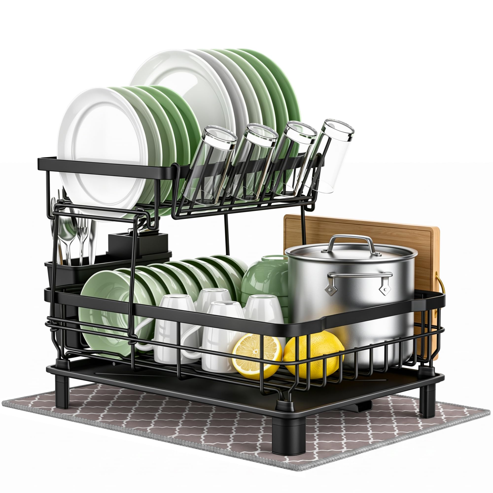 2 Tier Dish Drainer Rack with Drip Tray and Absorbent Mat, for Kitchen