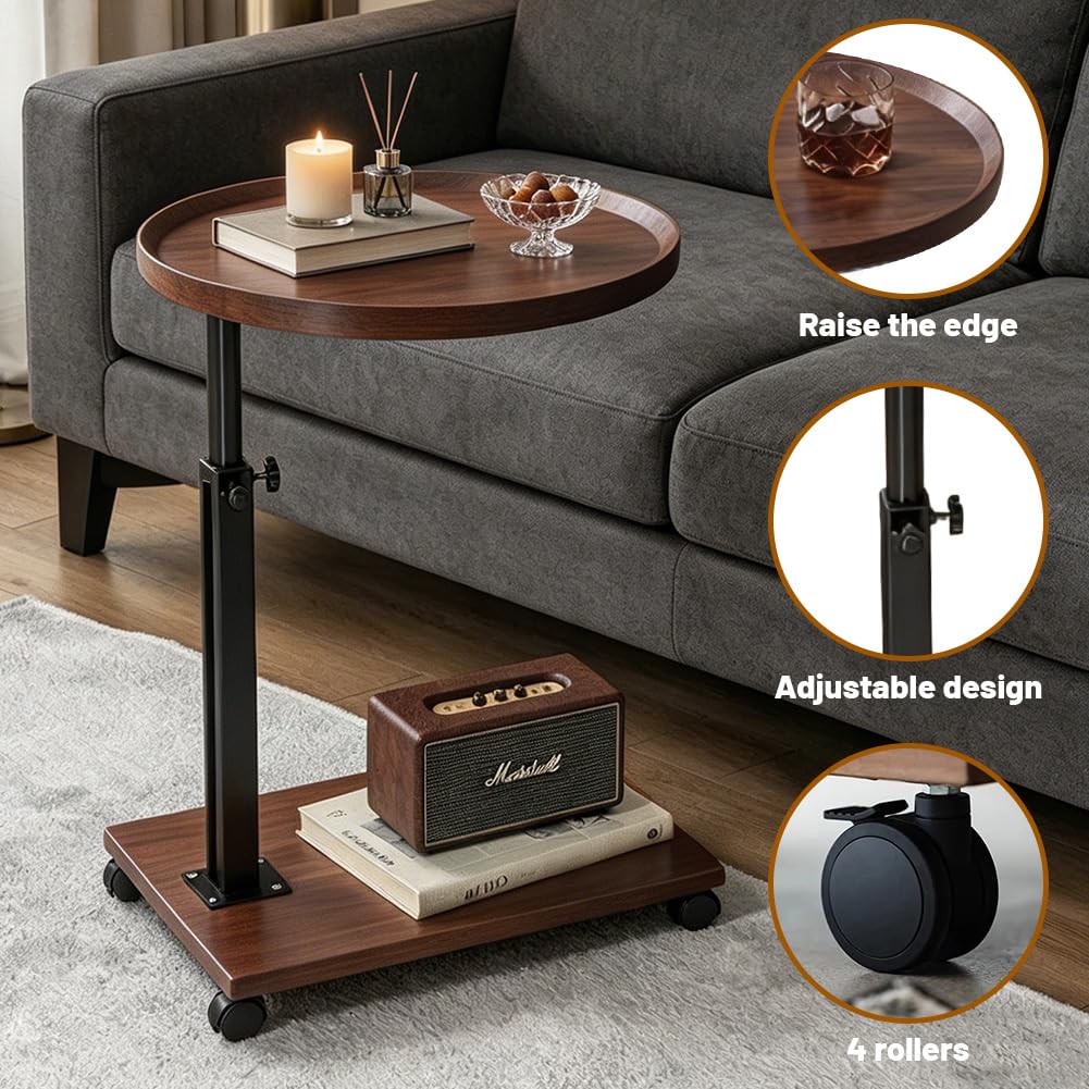 Stolik pomocniczy w kształcie litery C, z regulacją wysokości, 45-80 cm, z kółkami, obracany o 360°, drewniany, mały, stolik pomocniczy, na sofę, do salonu, sypialni, brązowy