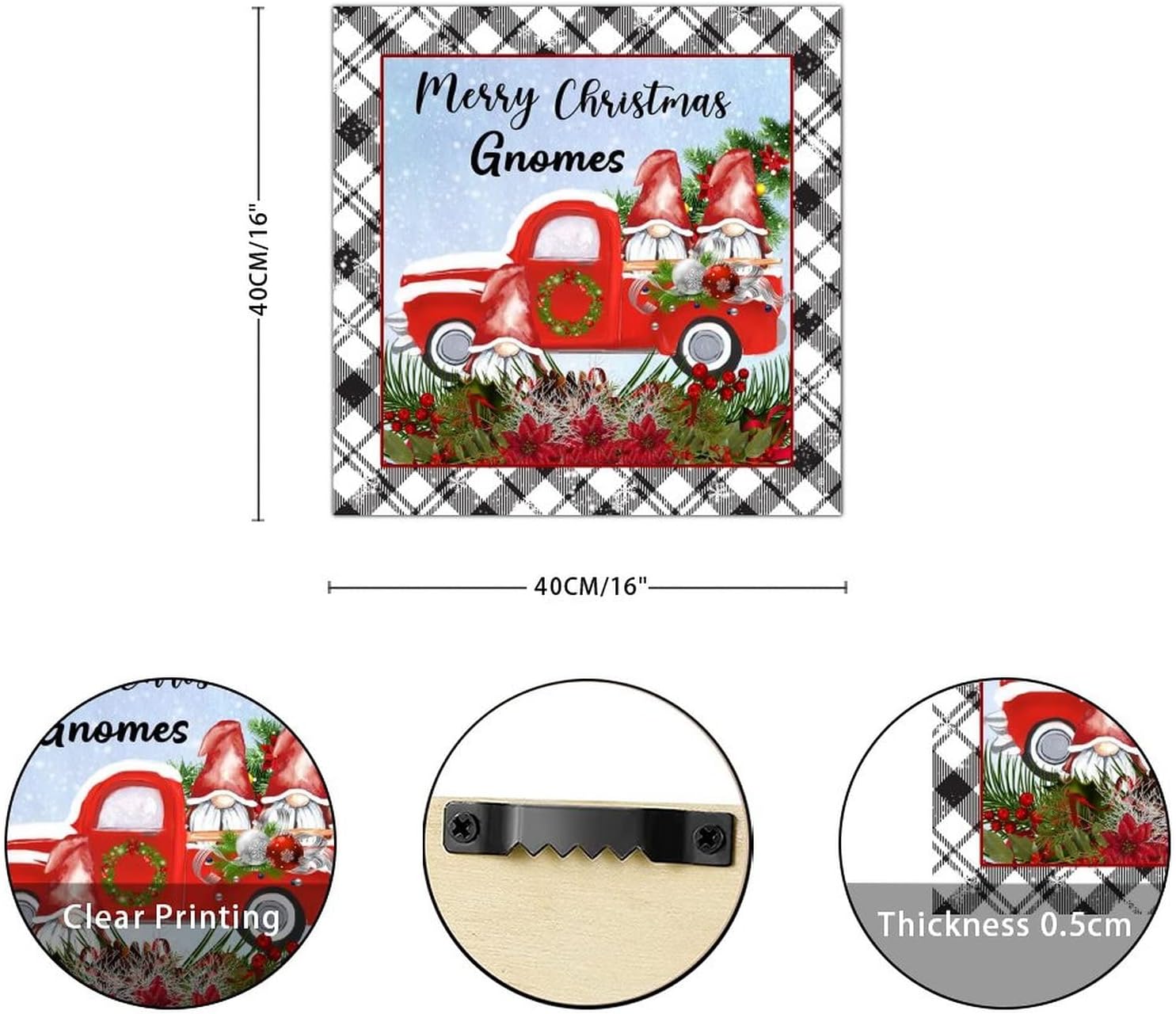 Merry Christmas Gnomes Wooden Sign Christmas Tree Red Truck Door Sign Vintage Hello Winter Wood Home Wall Decorative For Bedroom Living Room Office Home Wall Housewarming Gift 16x16in
